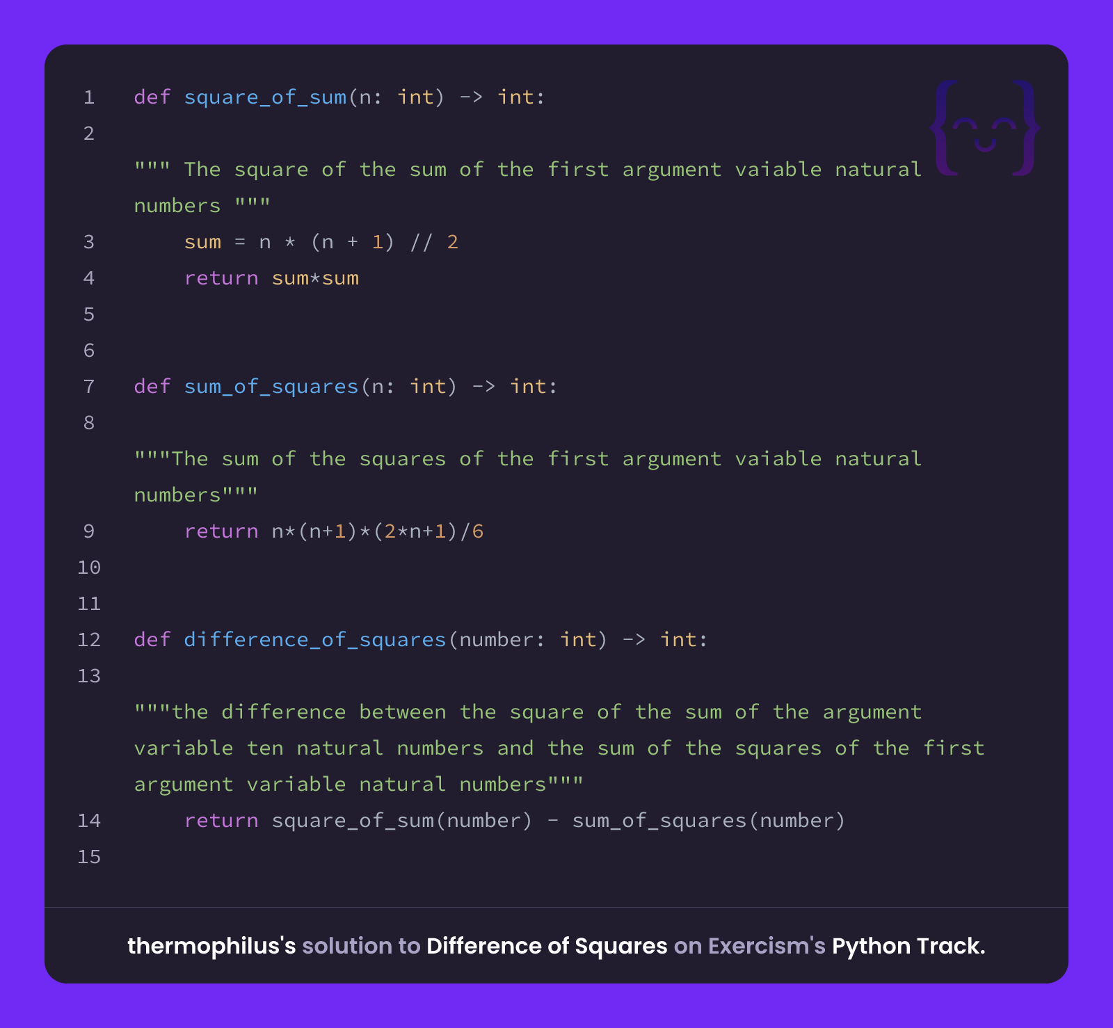 thermophilus's solution for Difference of Squares in Python on Exercism