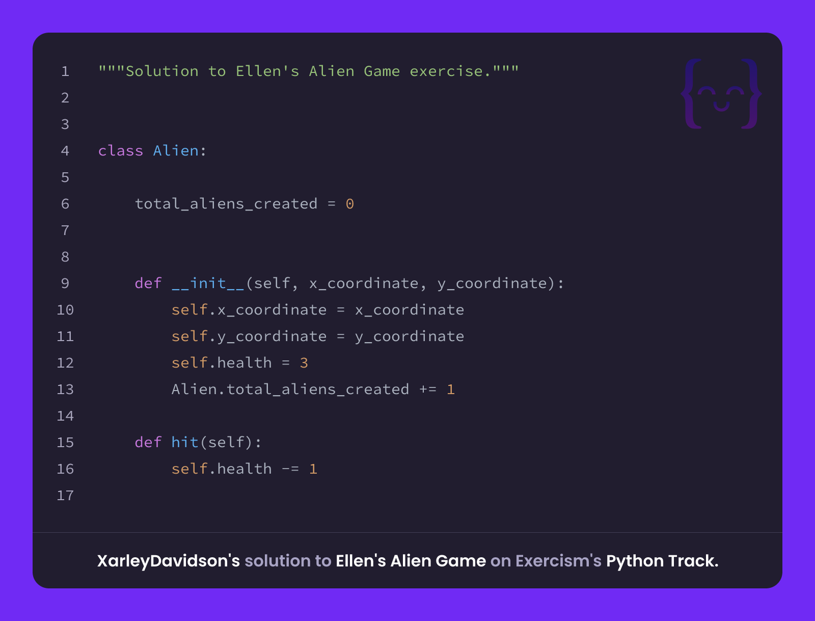 XarleyDavidson's solution for Ellen's Alien Game in Python on Exercism