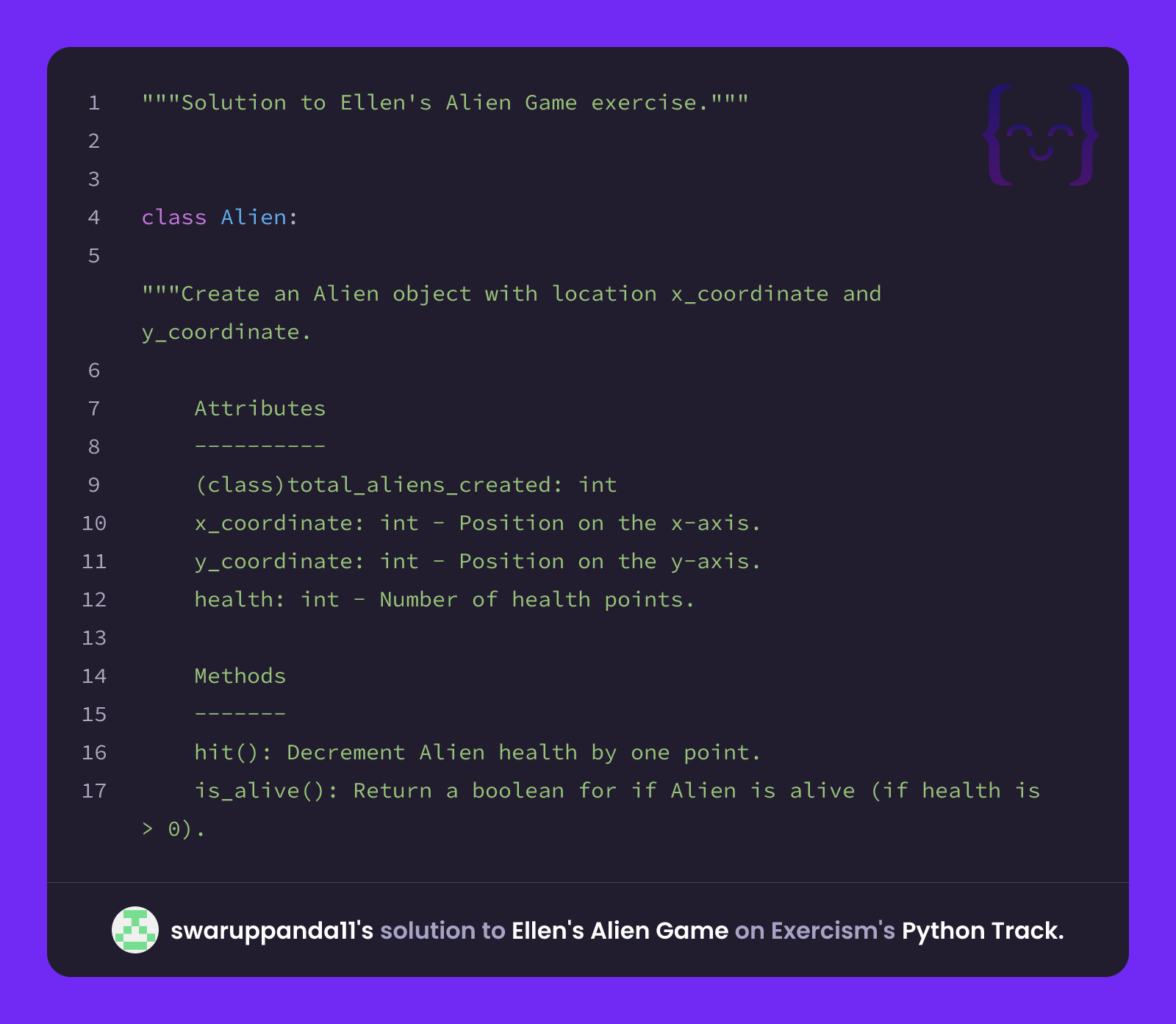 Alien Ai Coding Python swaruppanda11's solution for Ellen's Alien Game in Python on Exercism