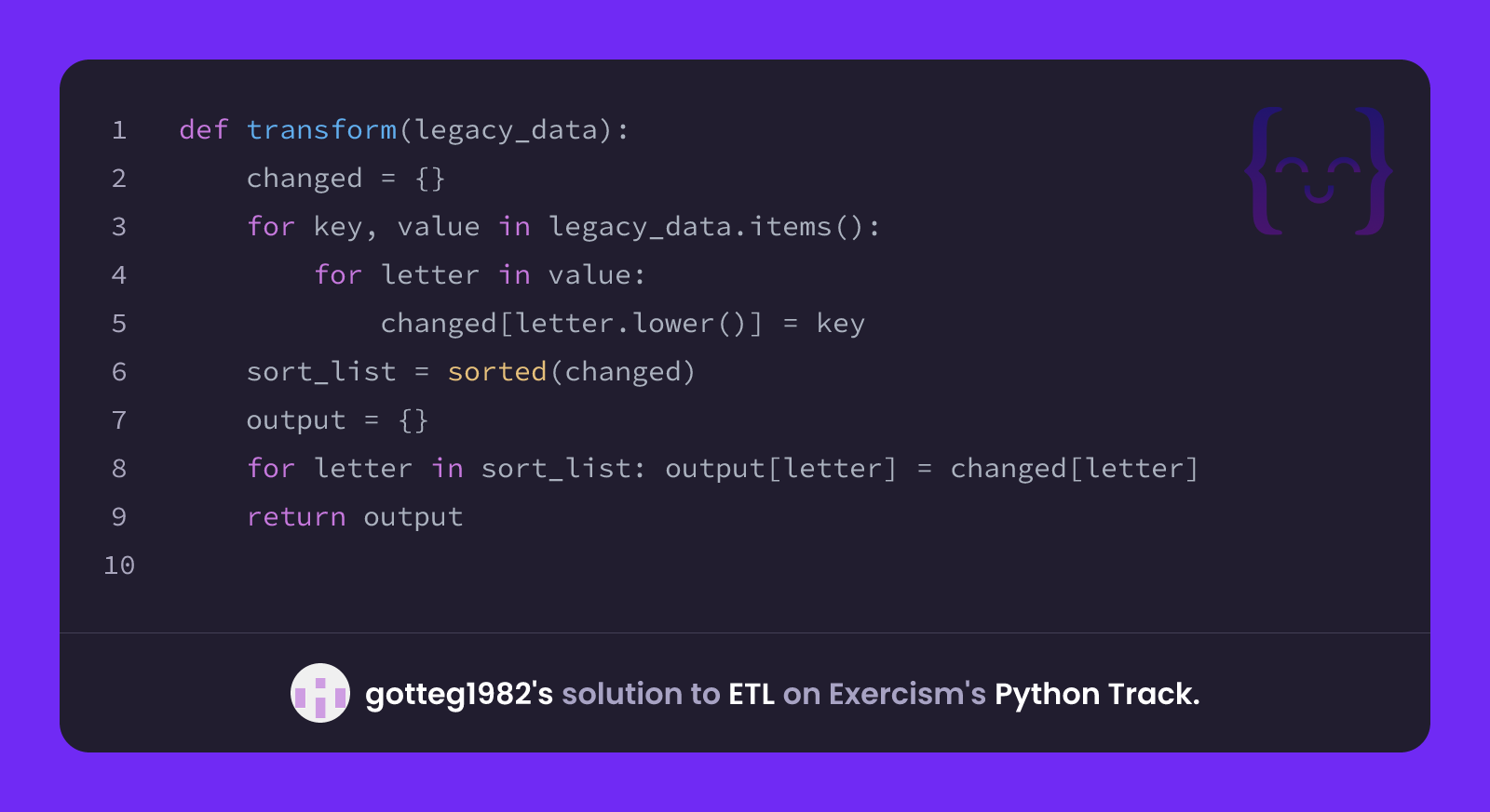 Etl Pyhon Code gotteg1982's solution for ETL in Python on Exercism