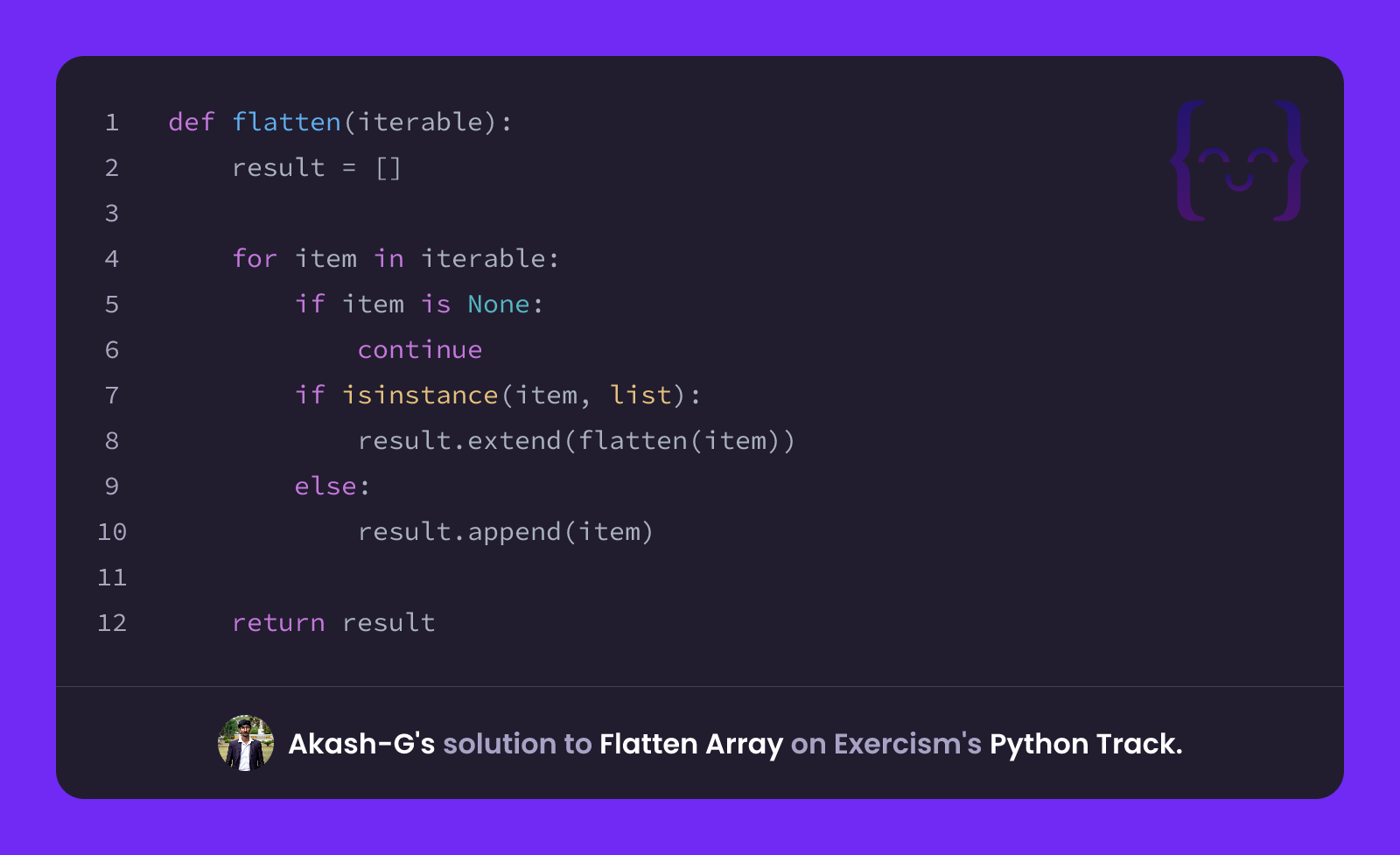 Akash-G's solution for Flatten Array in Python on Exercism