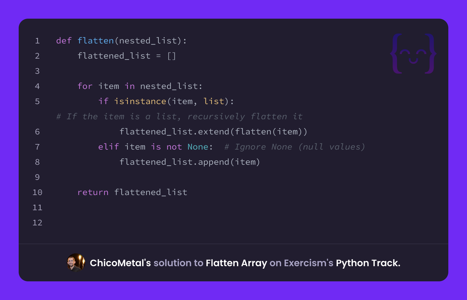 ChicoMetal's solution for Flatten Array in Python on Exercism