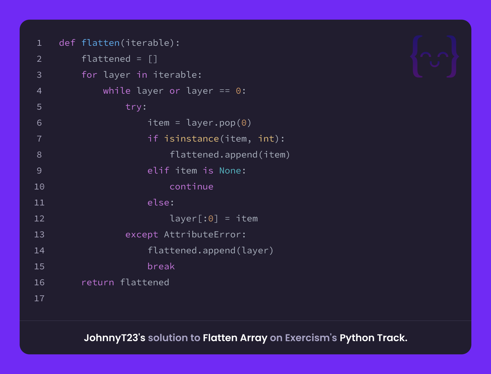 JohnnyT23's solution for Flatten Array in Python on Exercism
