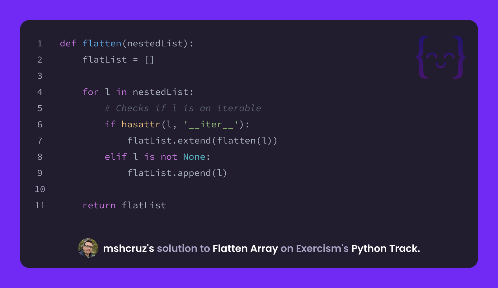 mshcruz's solution for Flatten Array in Python on Exercism