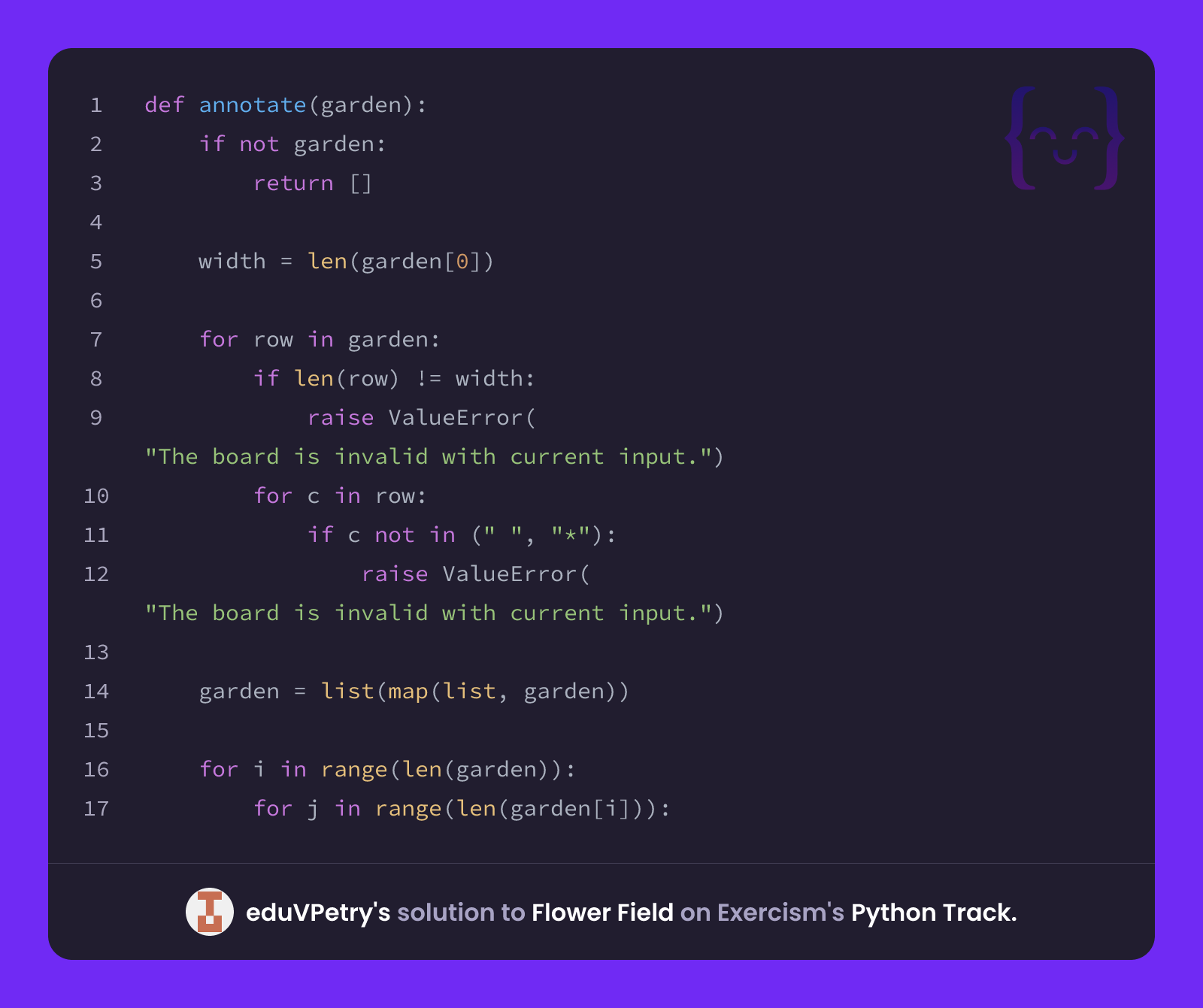 eduVPetry's solution for Flower Field in Python on Exercism