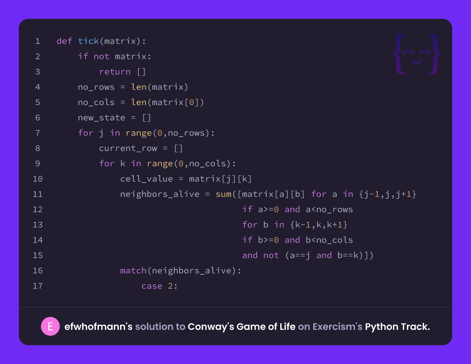 efwhofmann's solution for Conway's Game of Life in Python on Exercism