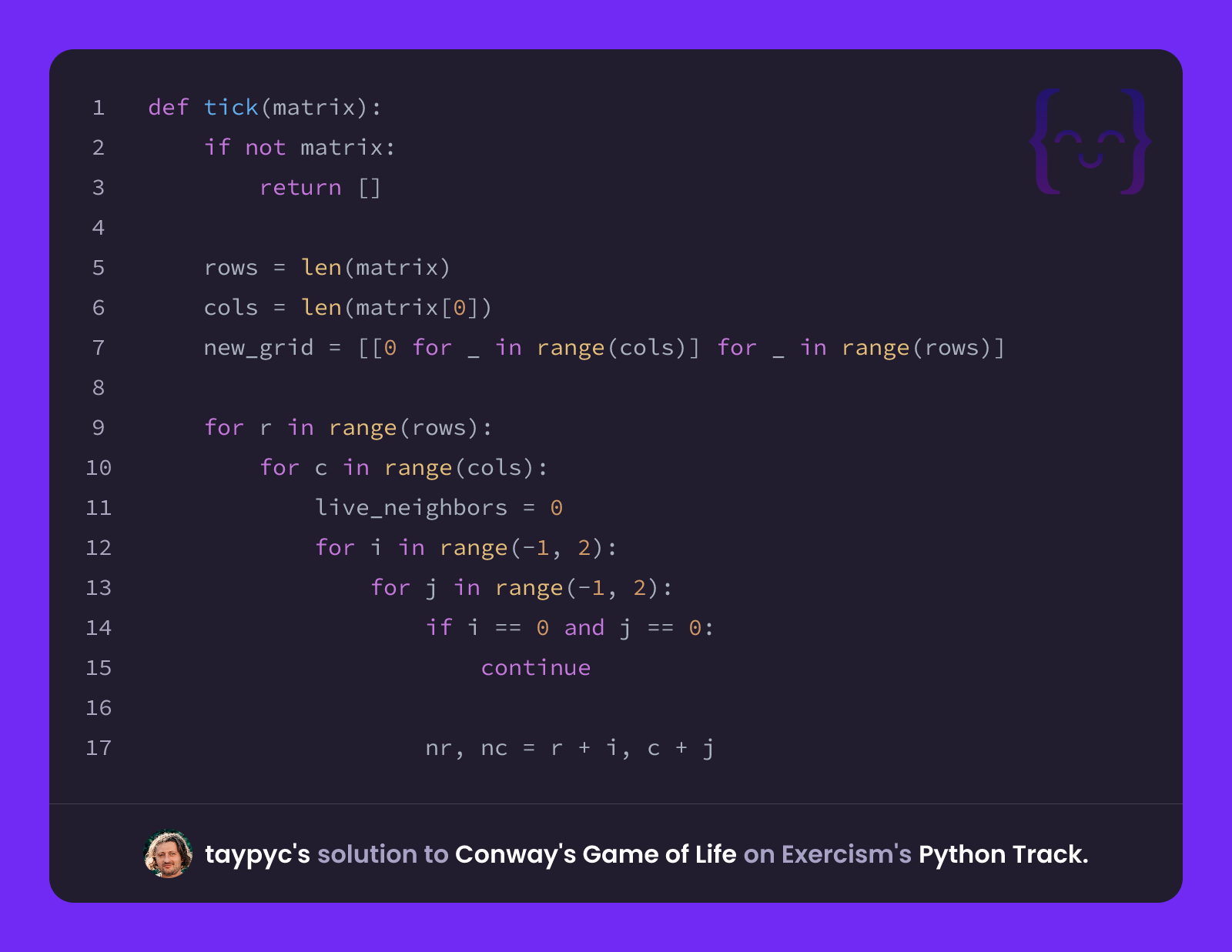 taypyc's solution for Conway's Game of Life in Python on Exercism