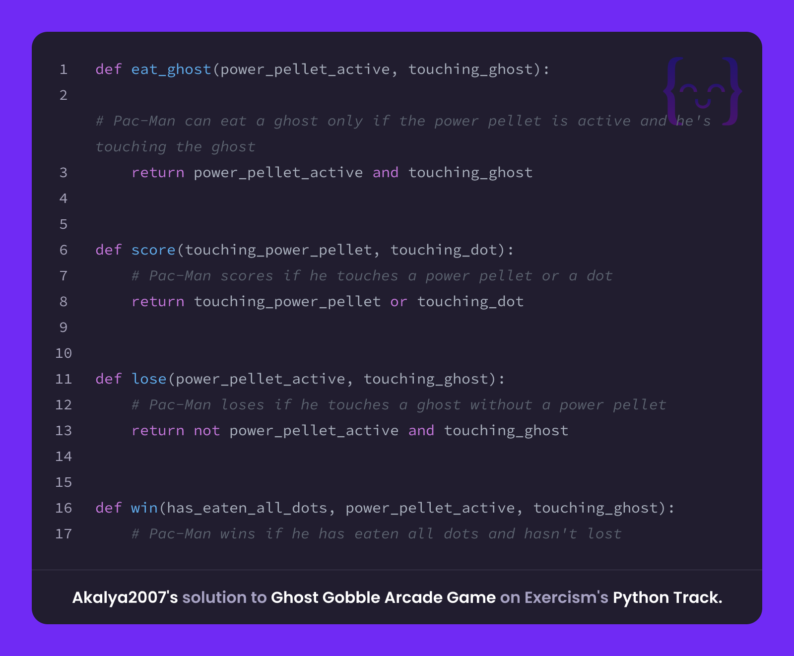 Akalya2007's solution for Ghost Gobble Arcade Game in Python on Exercism