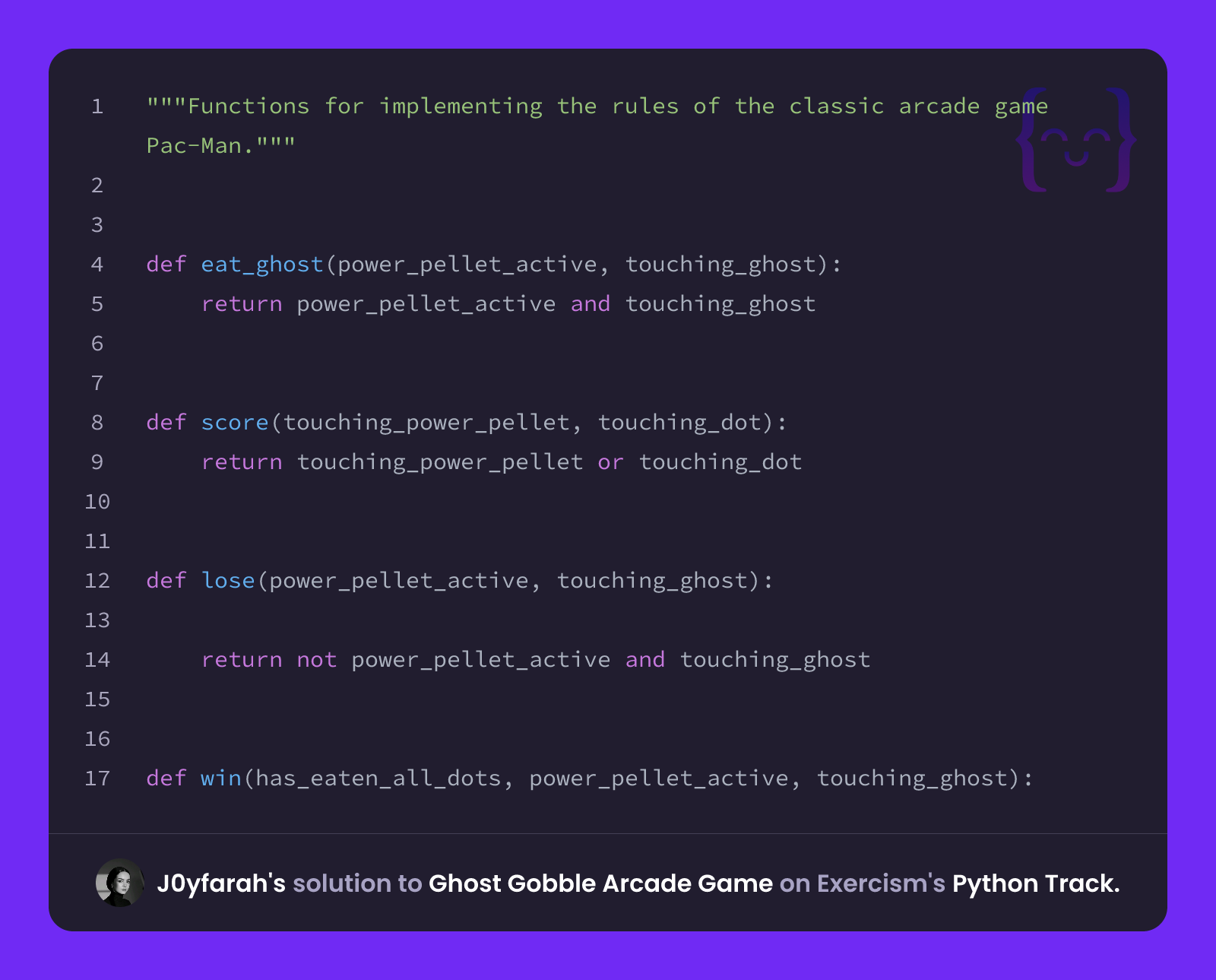 J0yfarah's solution for Ghost Gobble Arcade Game in Python on Exercism