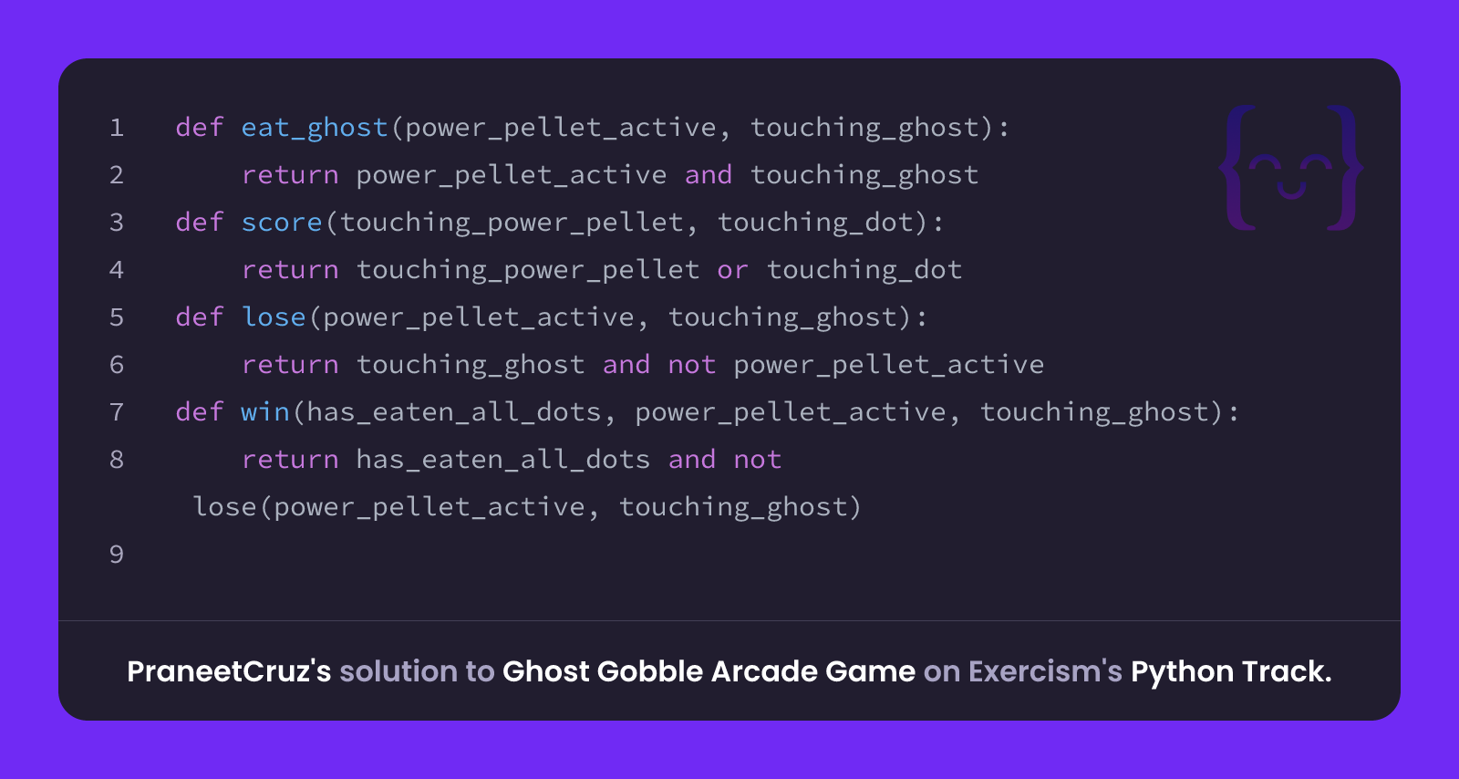 PraneetCruz's solution for Ghost Gobble Arcade Game in Python on Exercism