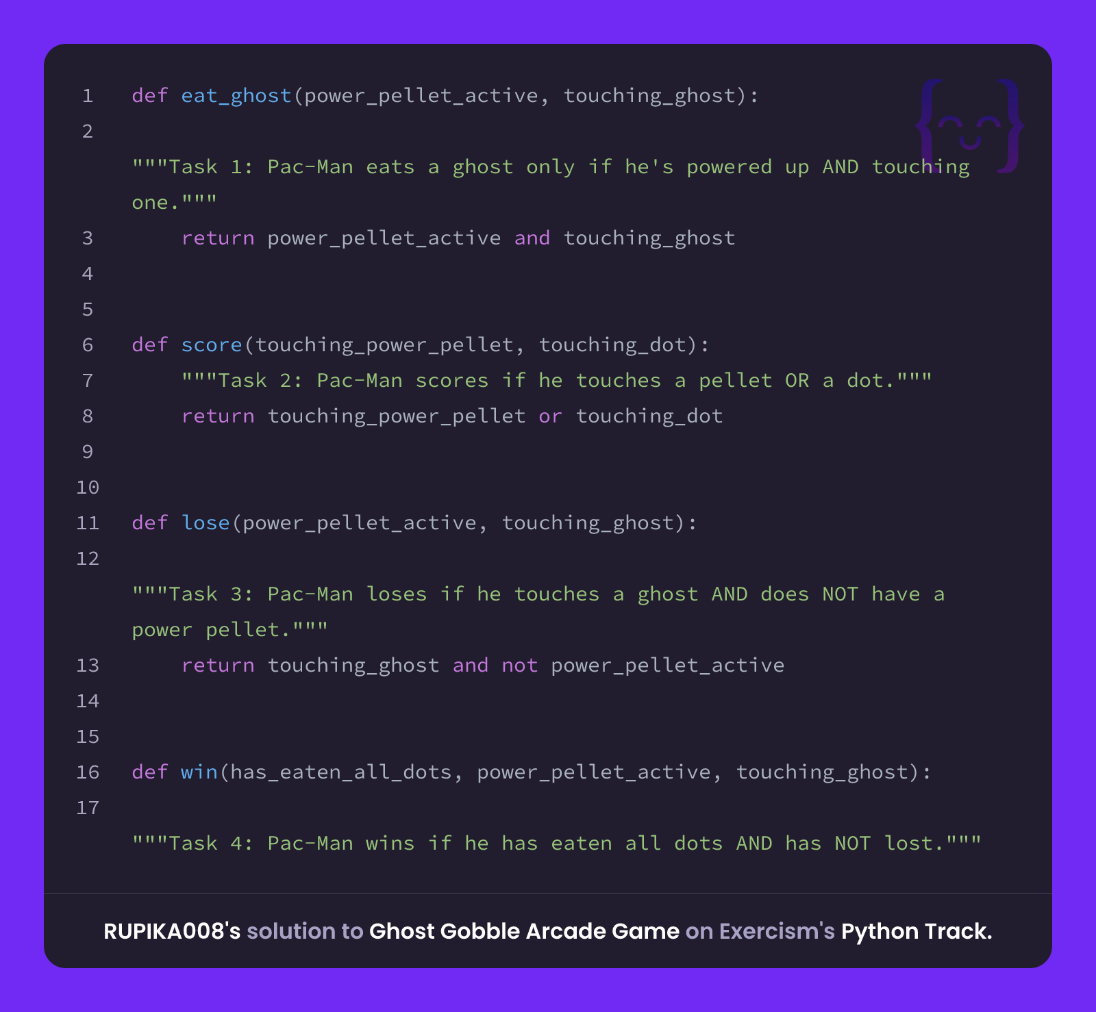 RUPIKA008's solution for Ghost Gobble Arcade Game in Python on Exercism