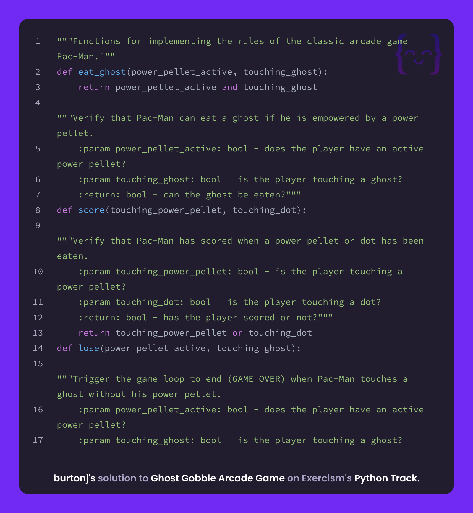 burtonj's solution for Ghost Gobble Arcade Game in Python on Exercism