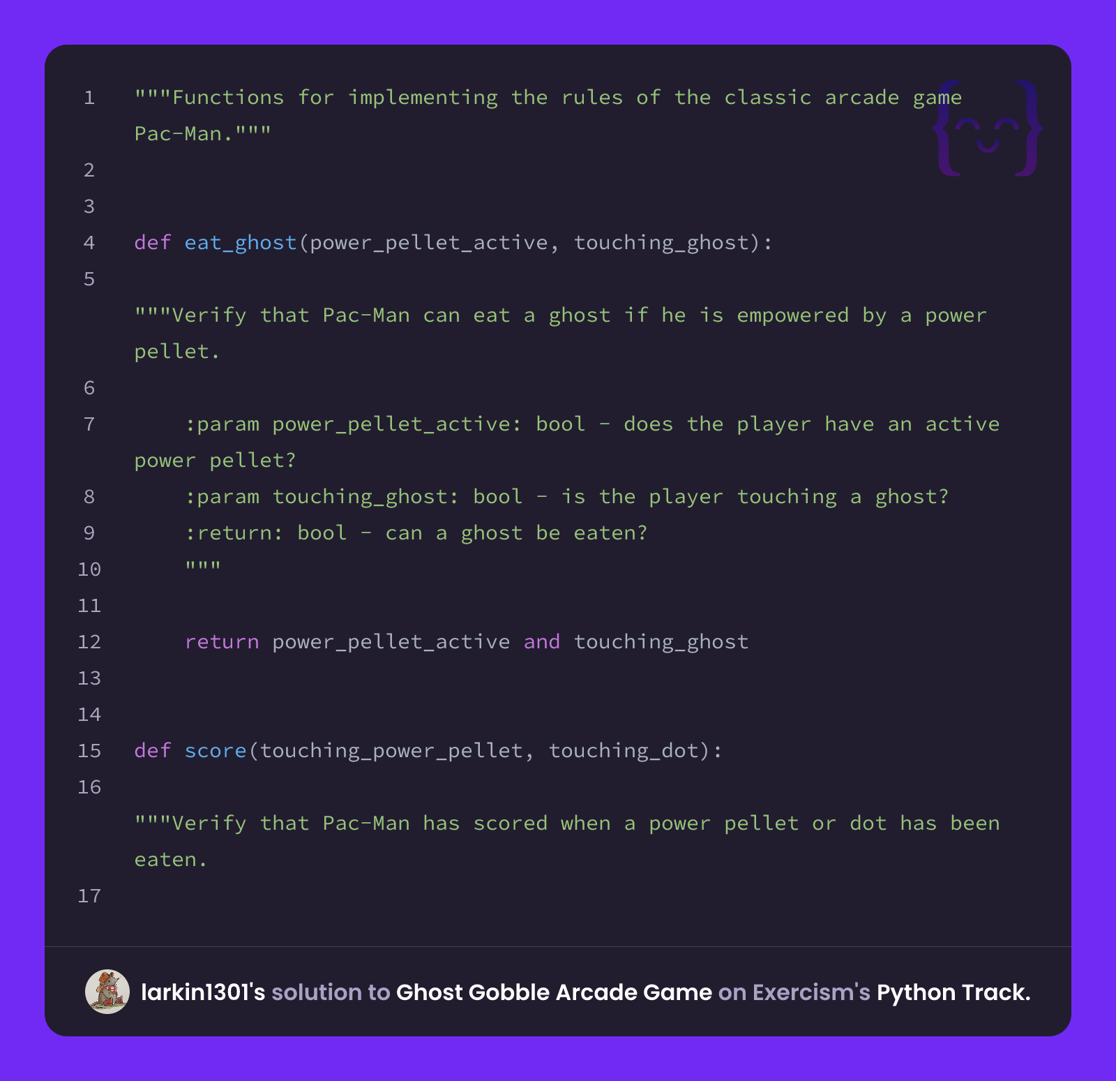 larkin1301's solution for Ghost Gobble Arcade Game in Python on Exercism
