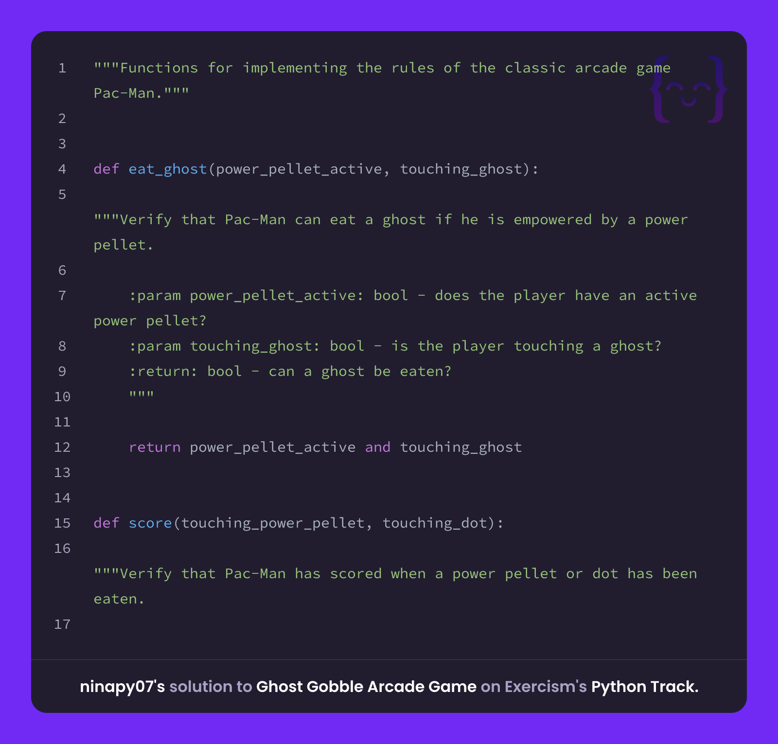 ninapy07's solution for Ghost Gobble Arcade Game in Python on Exercism