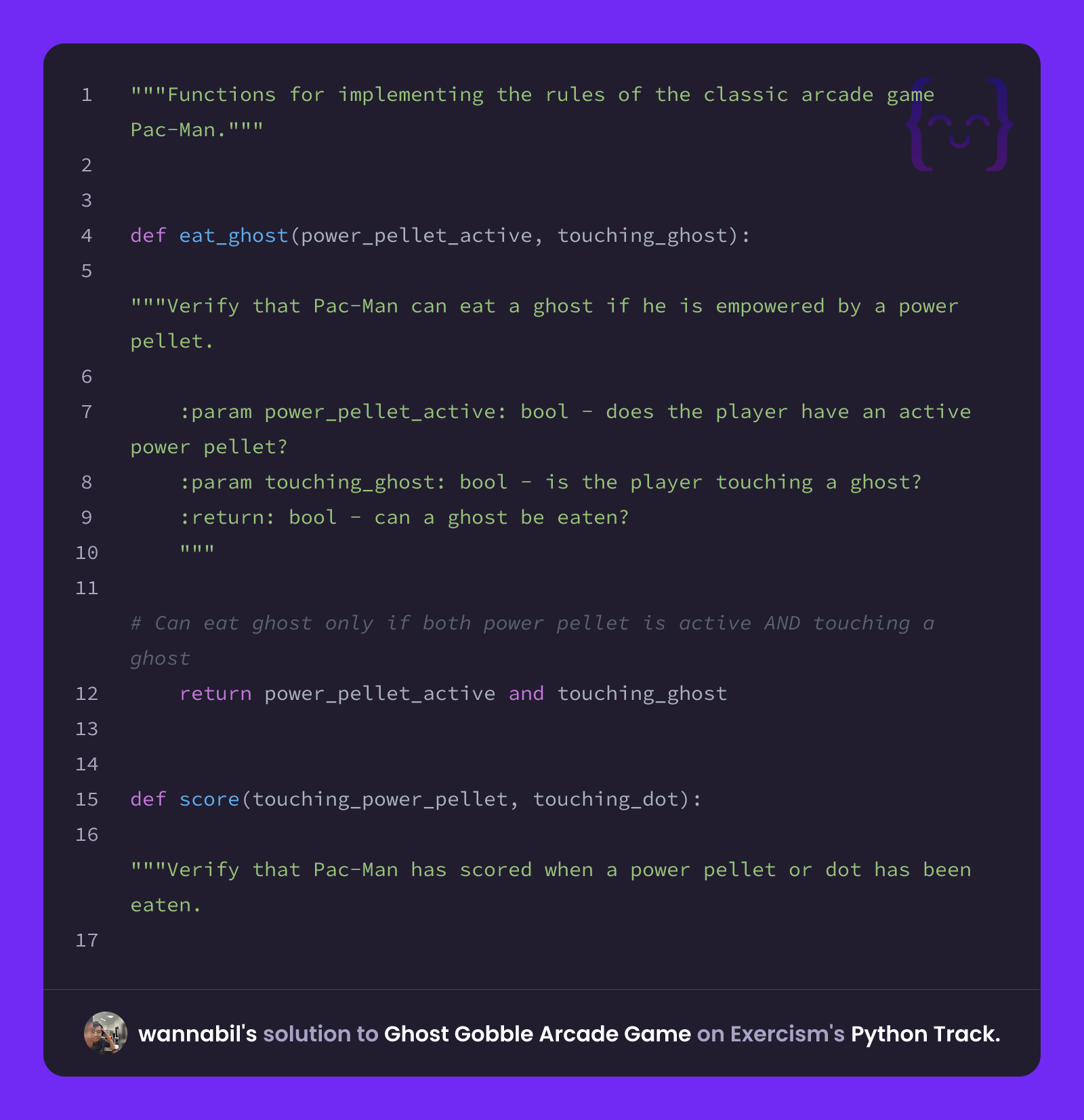 wannabil's solution for Ghost Gobble Arcade Game in Python on Exercism