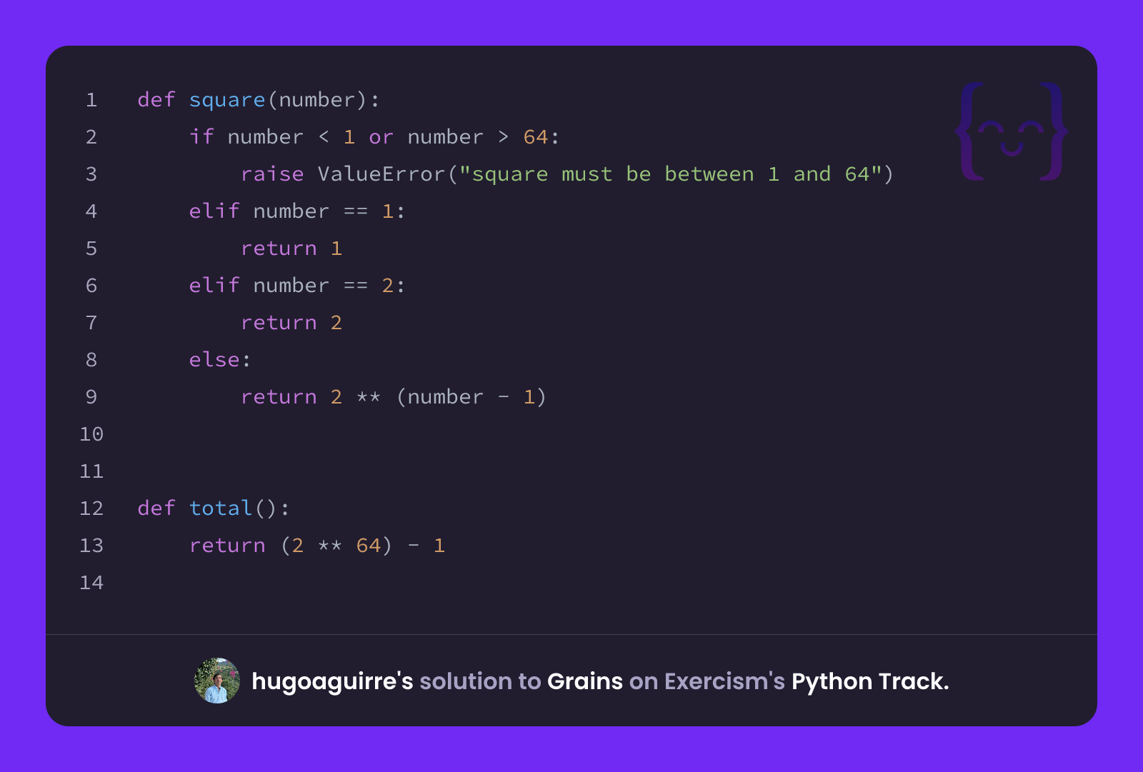 hugoaguirre's solution for Grains in Python on Exercism