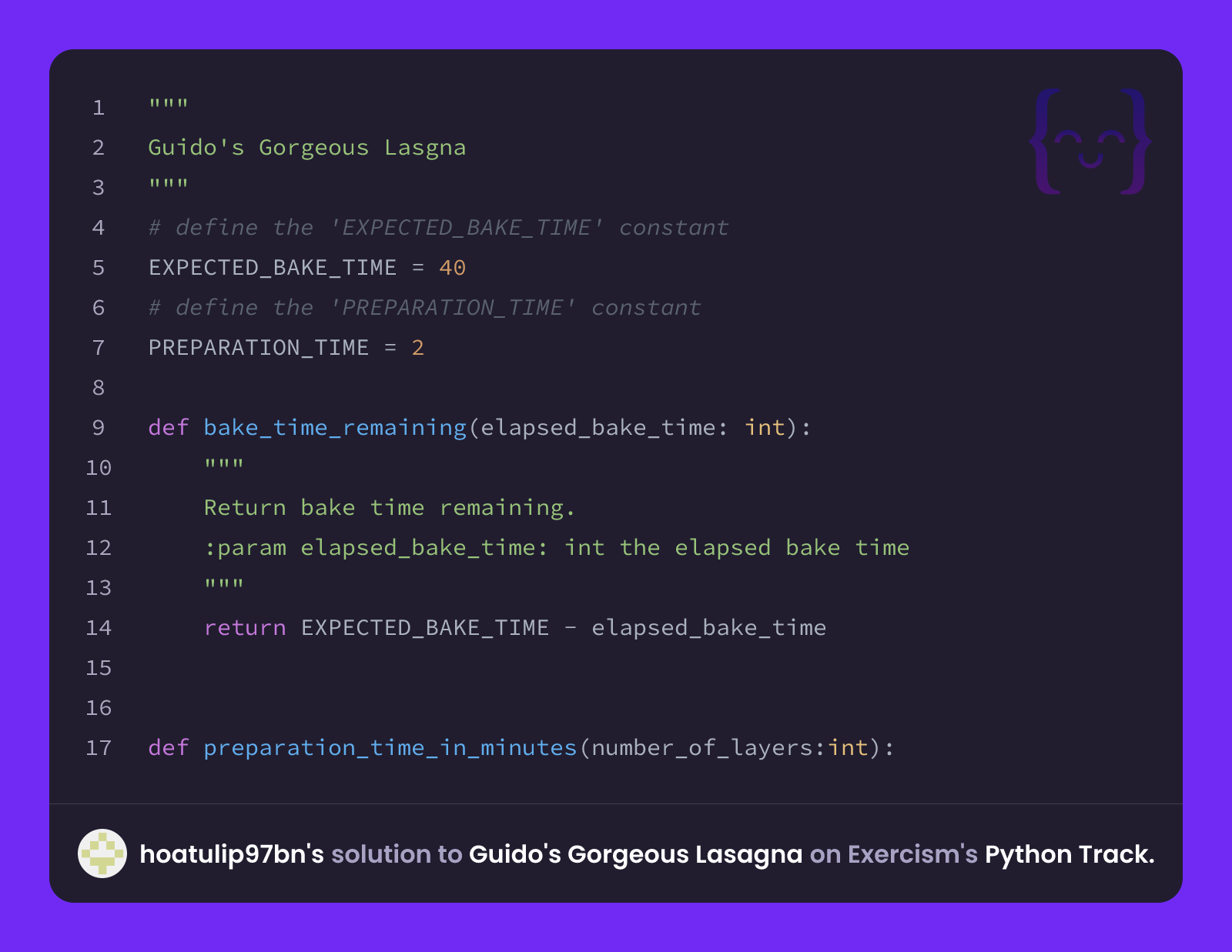 hoatulip97bn's solution for Guido's Gorgeous Lasagna in Python on Exercism