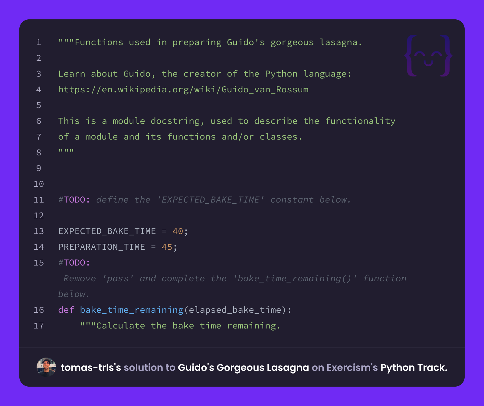 tomas-trls's solution for Guido's Gorgeous Lasagna in Python on Exercism