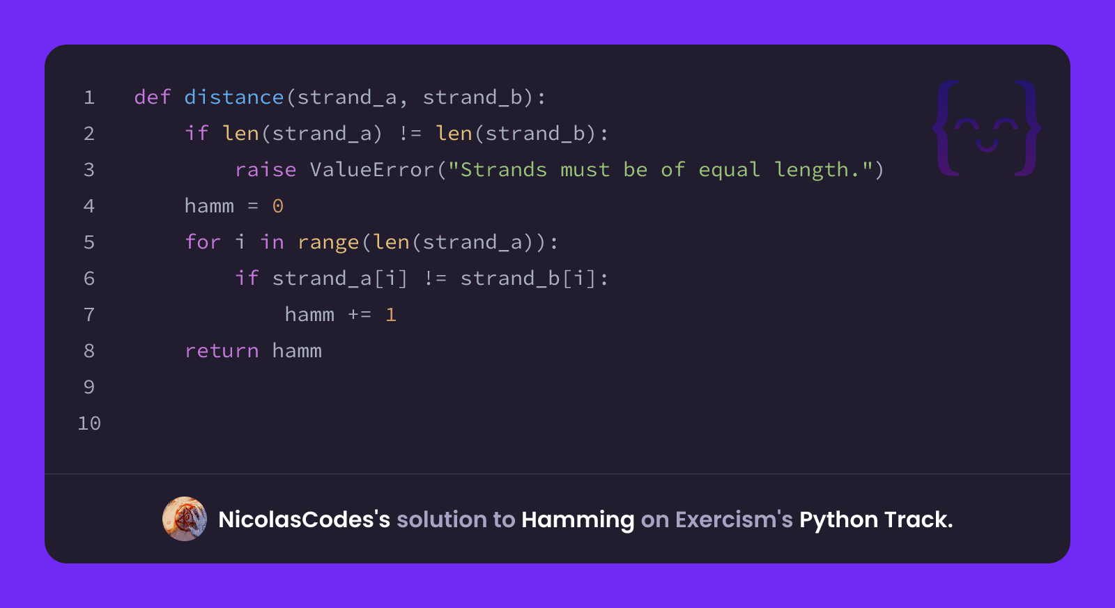 NicolasCodes's solution for Hamming in Python on Exercism