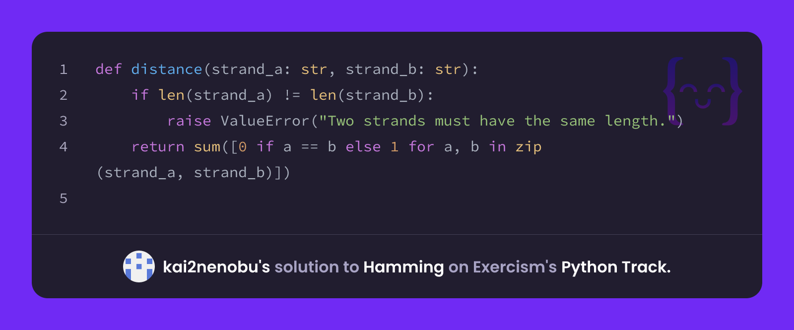 kai2nenobu's solution for Hamming in Python on Exercism