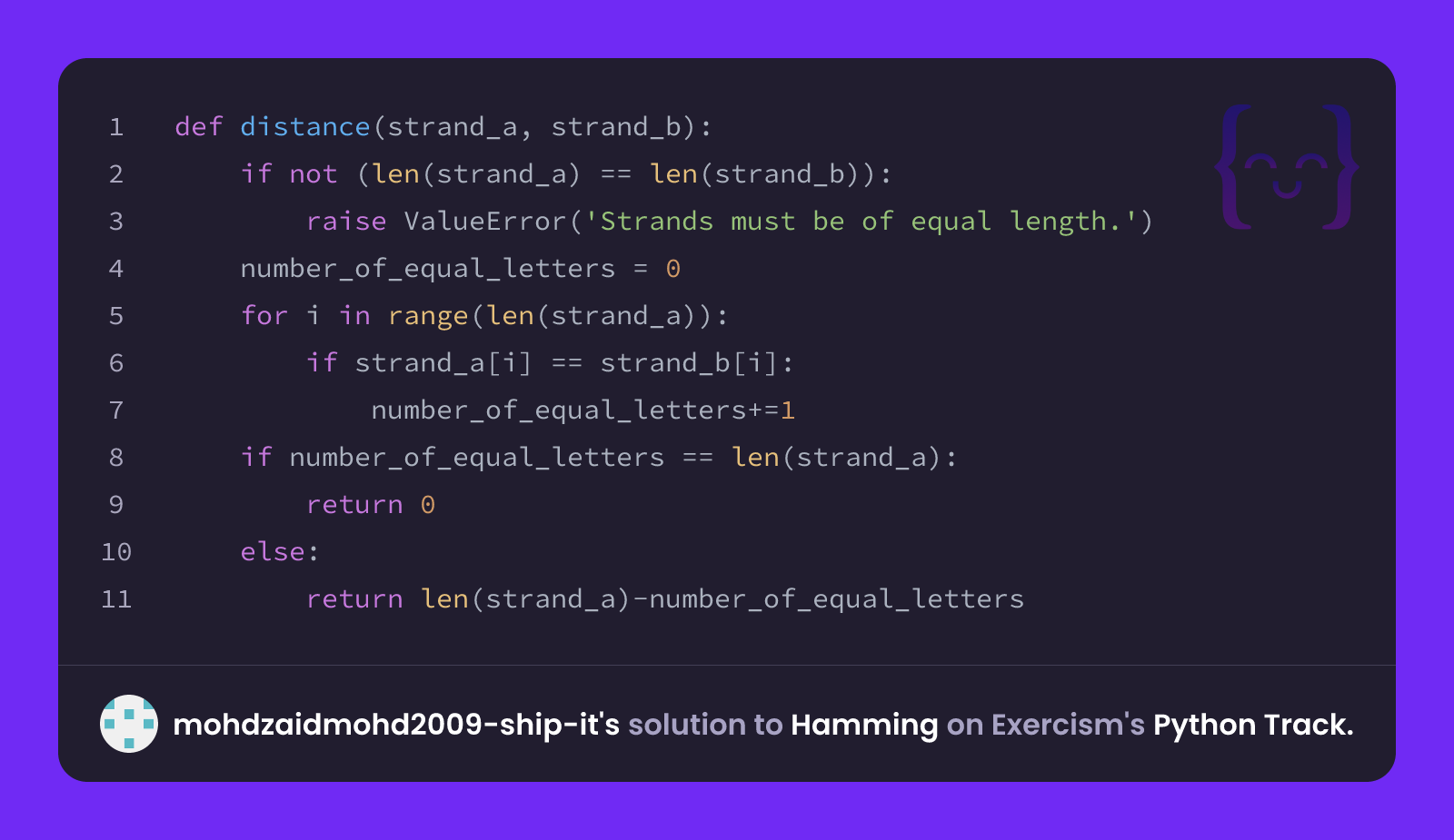 mohdzaidmohd2009-ship-it's solution for Hamming in Python on Exercism