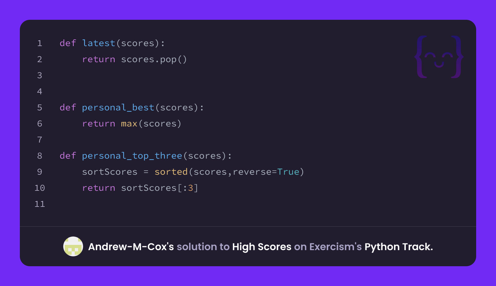 Andrew Python Andrew-M-Cox's solution for High Scores in Python on Exercism