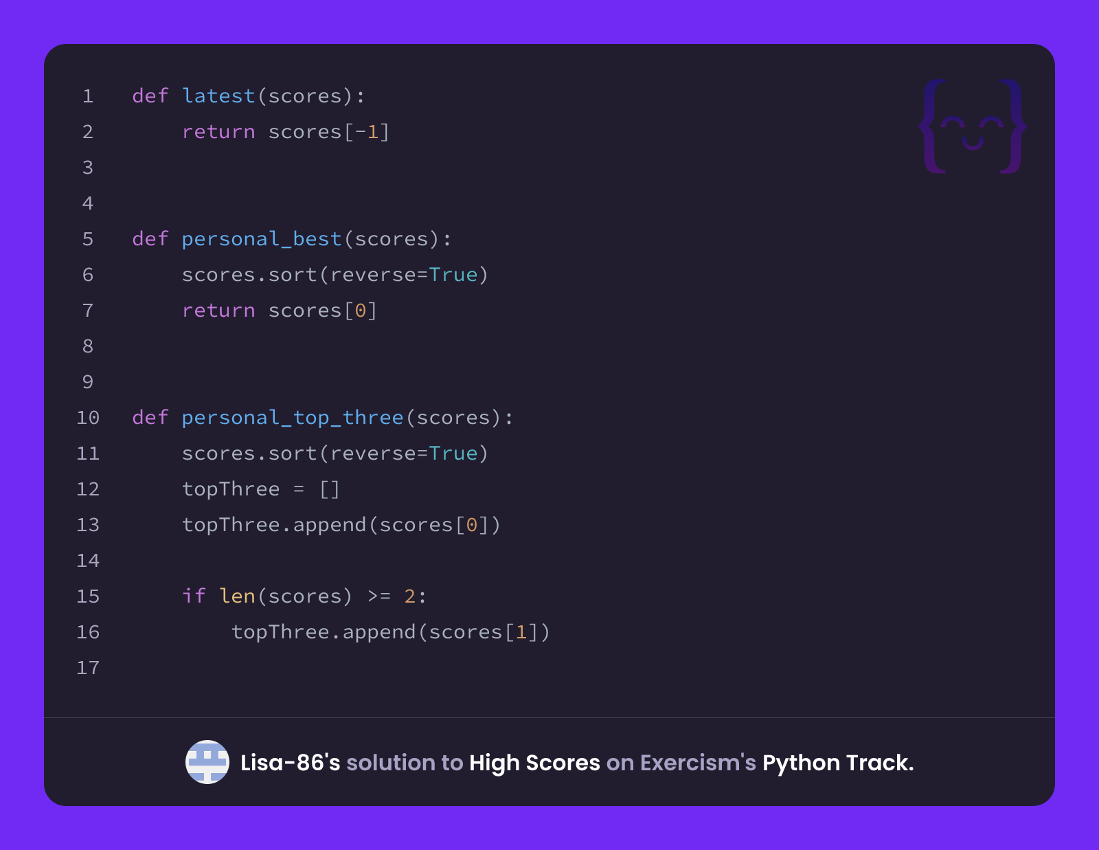 Monal Lisa Python Lisa-86's solution for High Scores in Python on Exercism