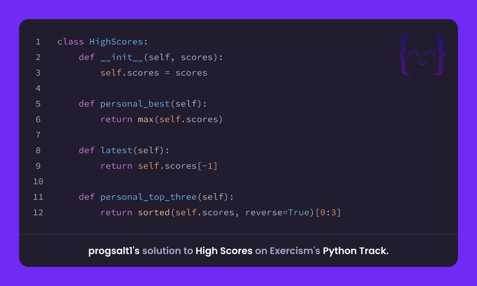 The Score Method Python progsalt1's solution for High Scores in Python on Exercism