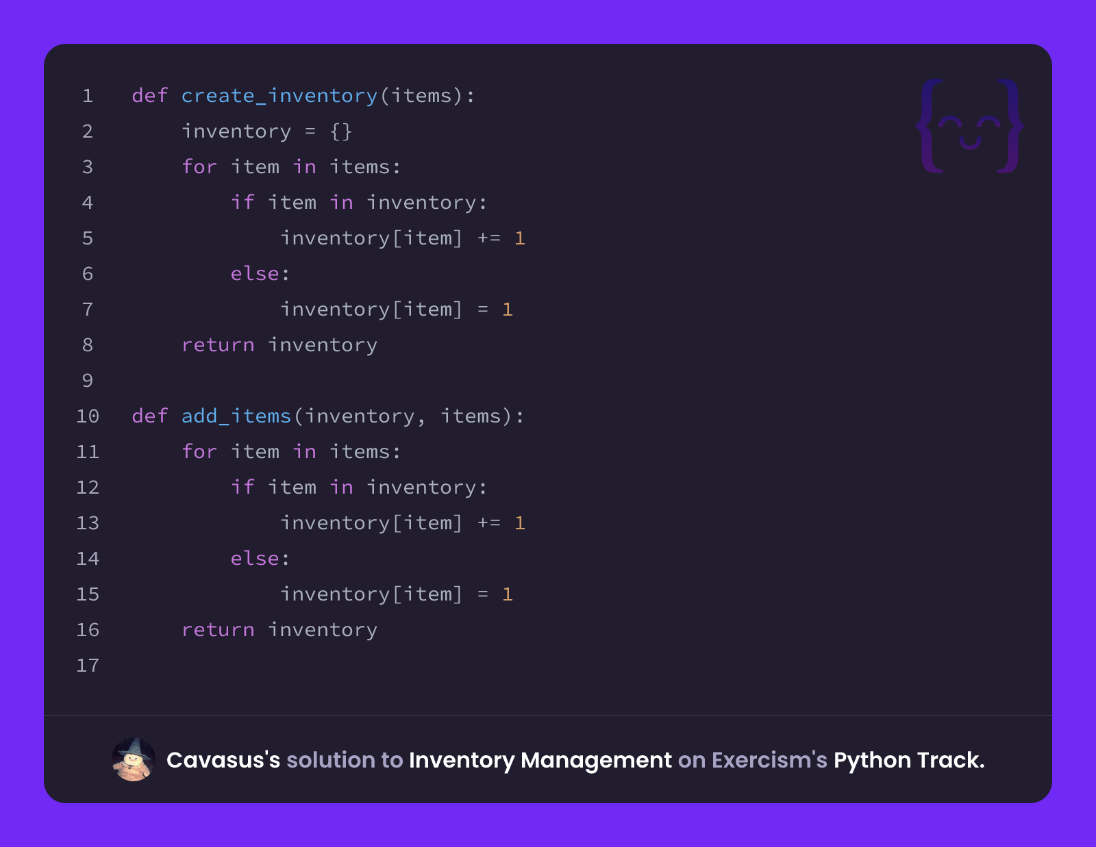 Cavasus's solution for Inventory Management in Python on Exercism