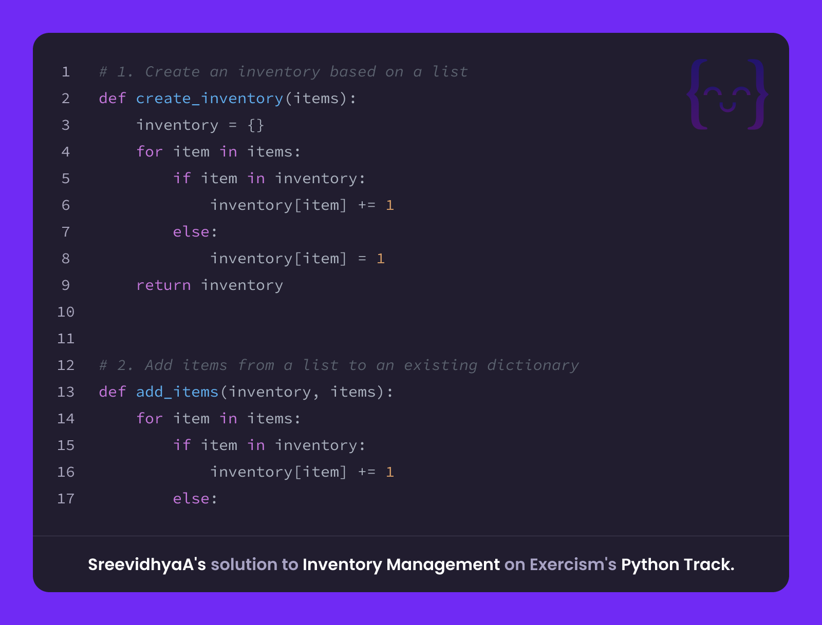 SreevidhyaA's solution for Inventory Management in Python on Exercism