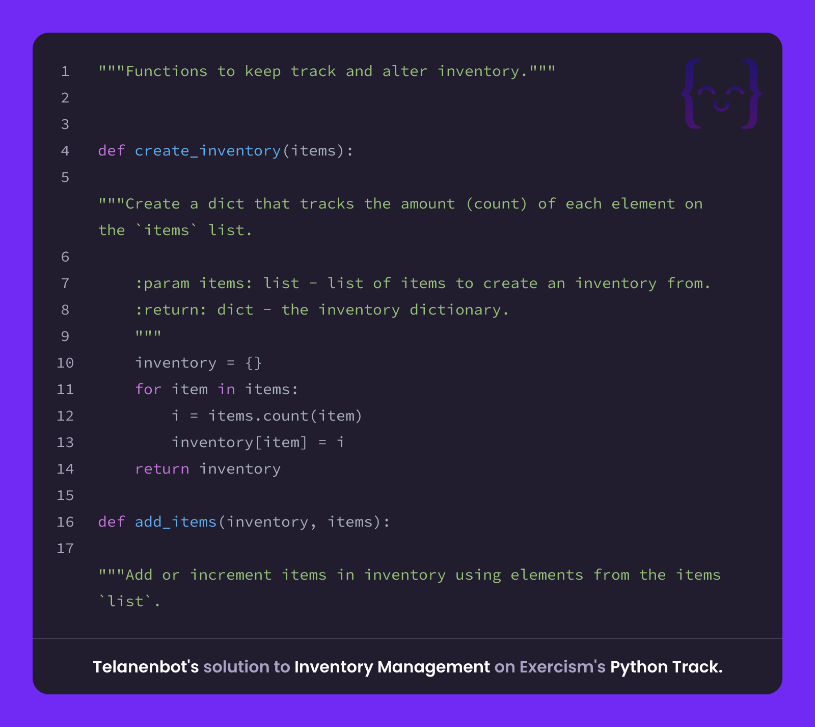 Telanenbot's solution for Inventory Management in Python on Exercism
