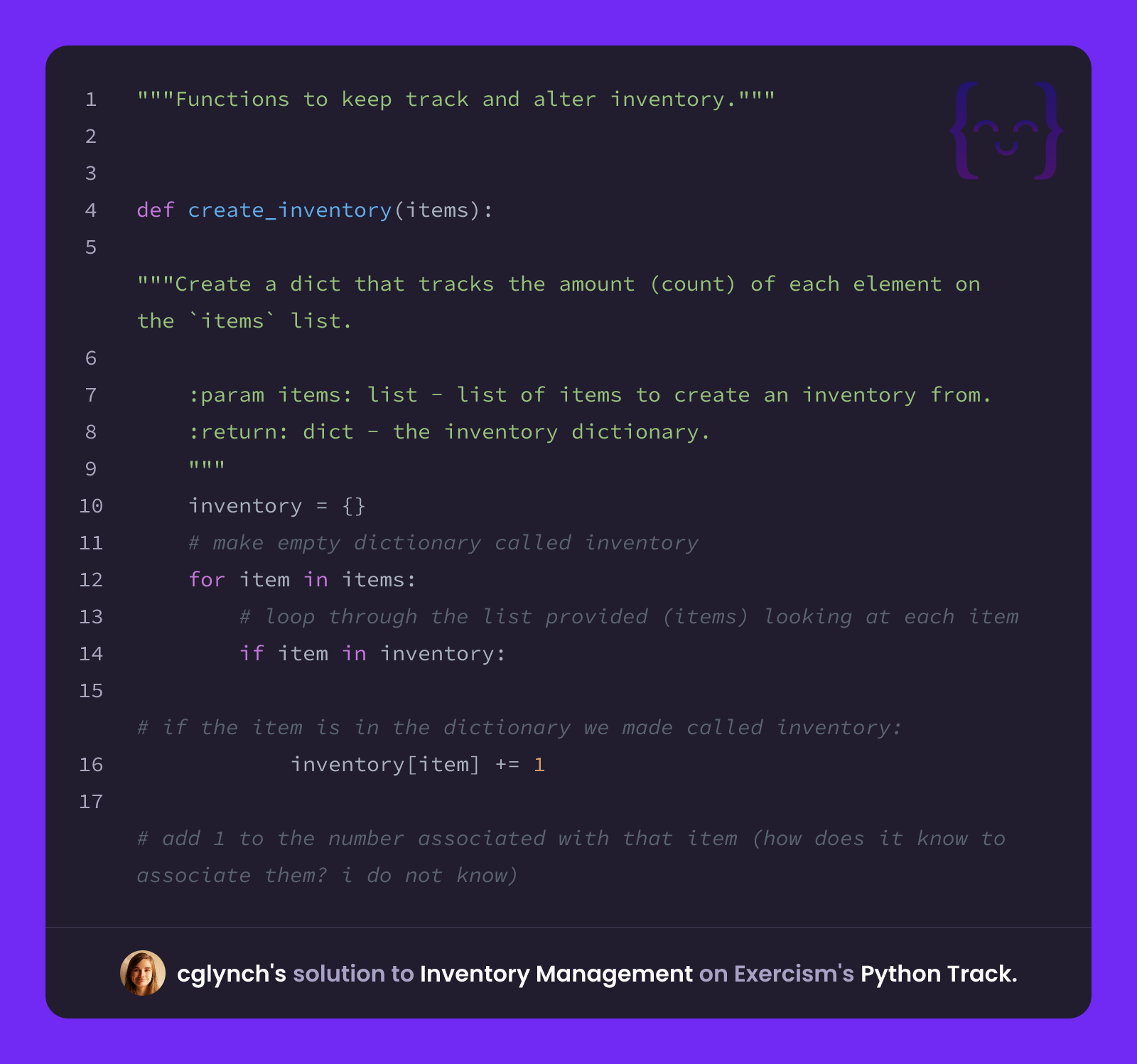 cglynch's solution for Inventory Management in Python on Exercism