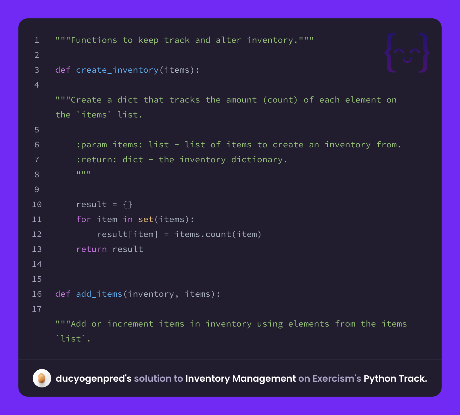 ducyogenpred's solution for Inventory Management in Python on Exercism
