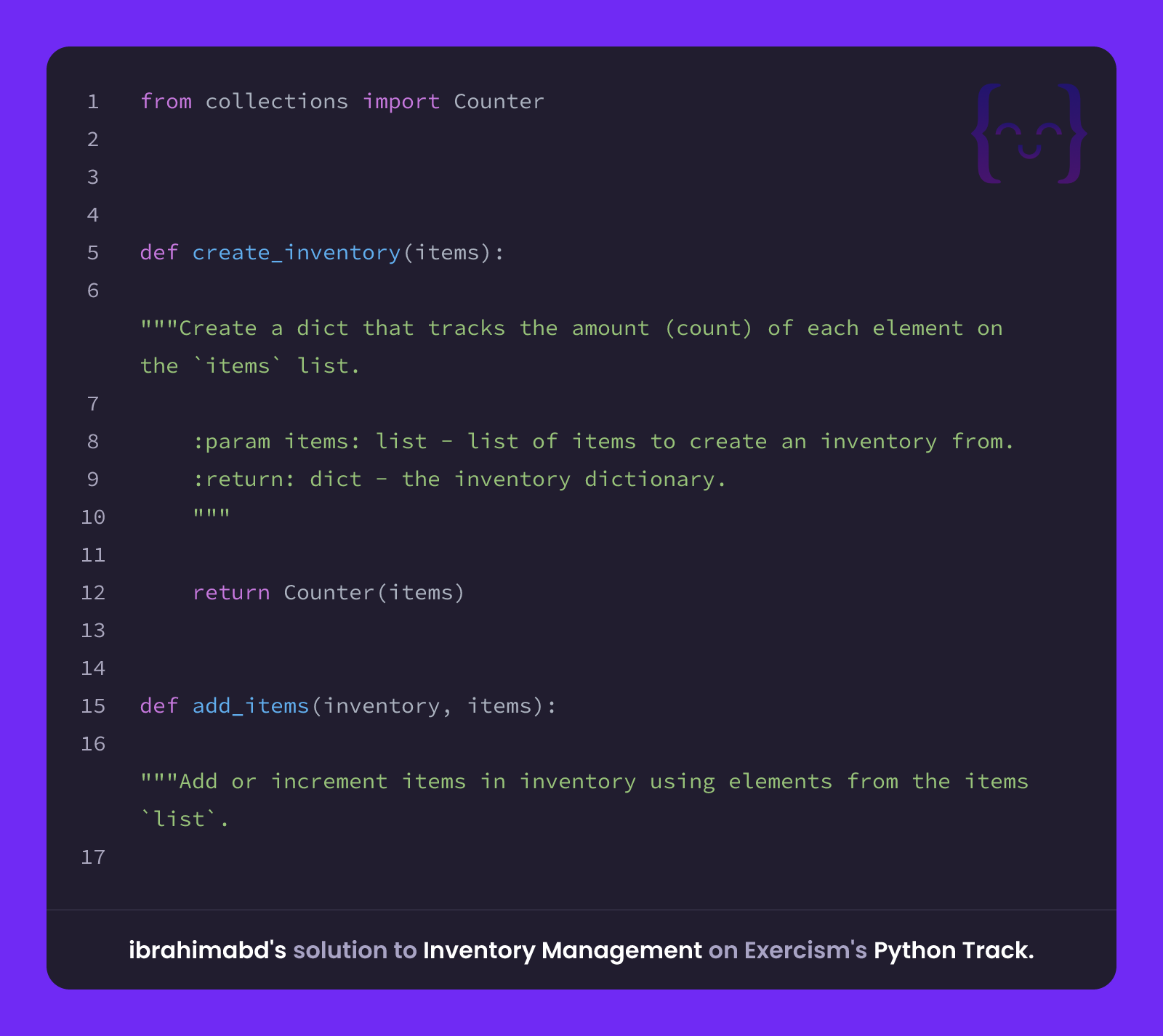 ibrahimabd's solution for Inventory Management in Python on Exercism