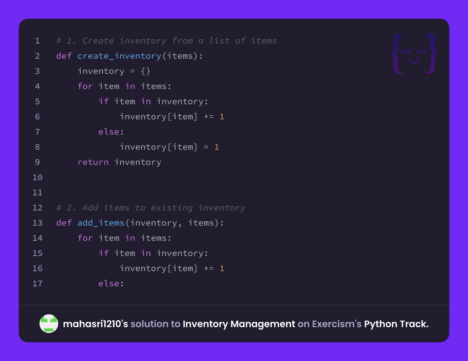 mahasri1210's solution for Inventory Management in Python on Exercism