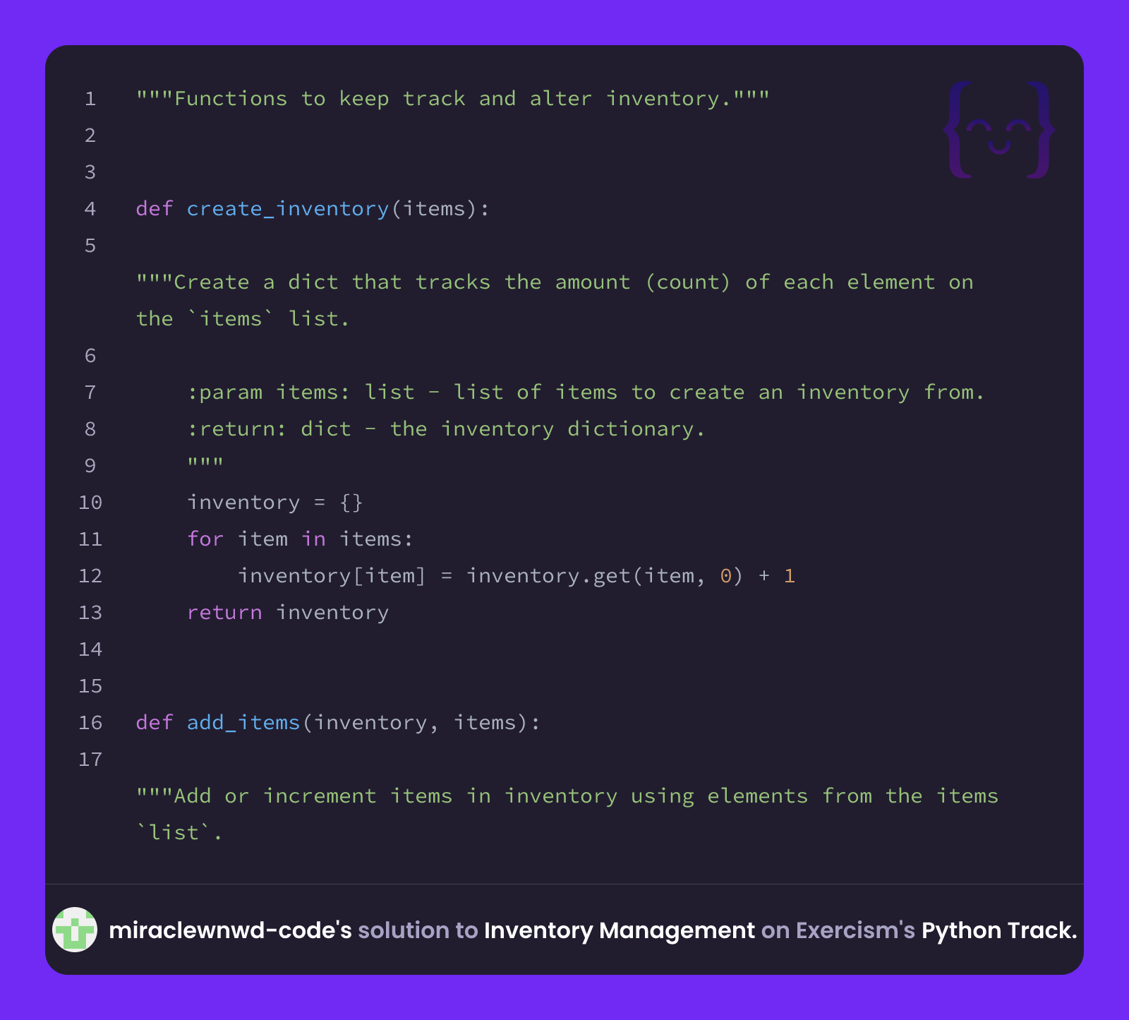 miraclewnwd-code's solution for Inventory Management in Python on Exercism