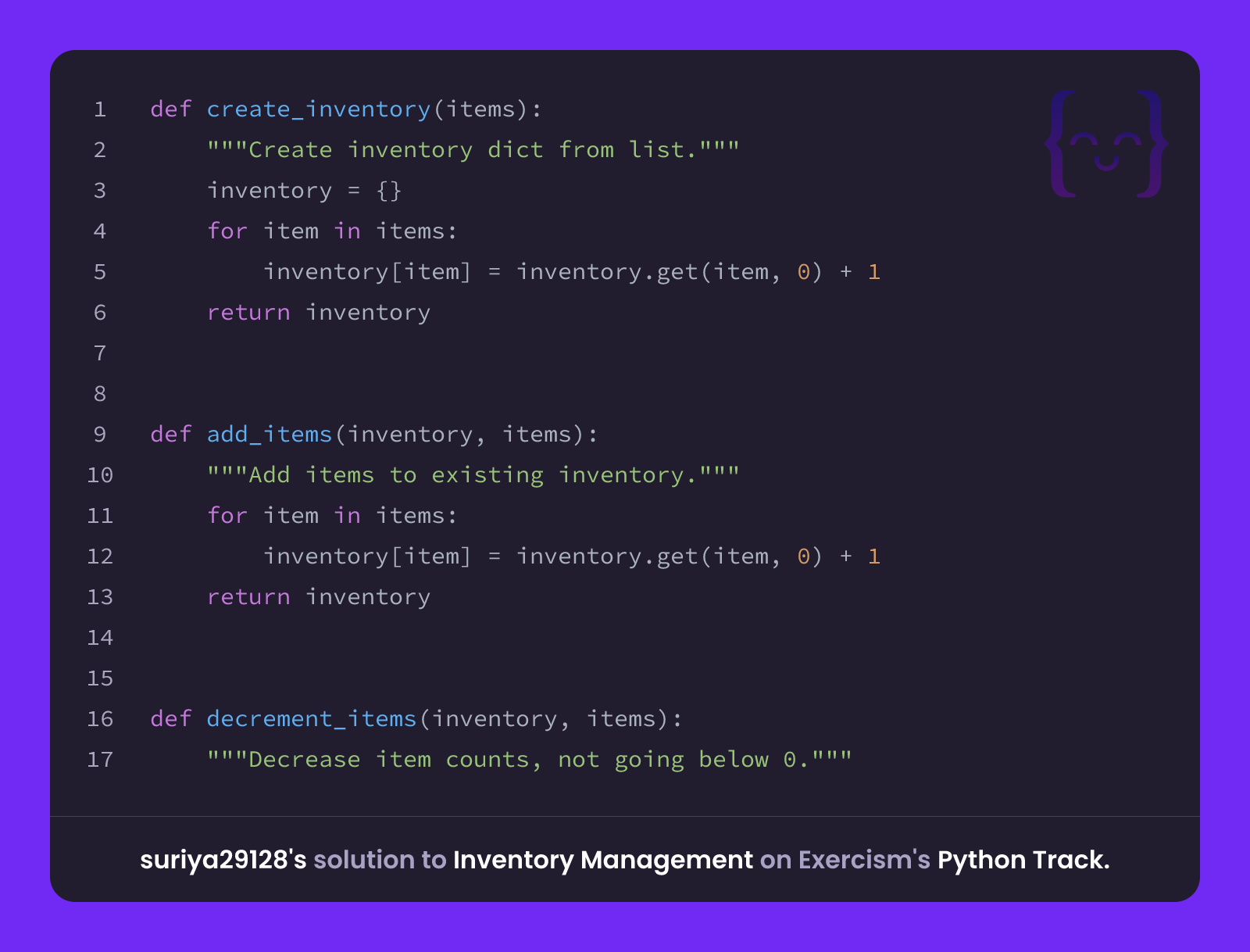 suriya29128's solution for Inventory Management in Python on Exercism