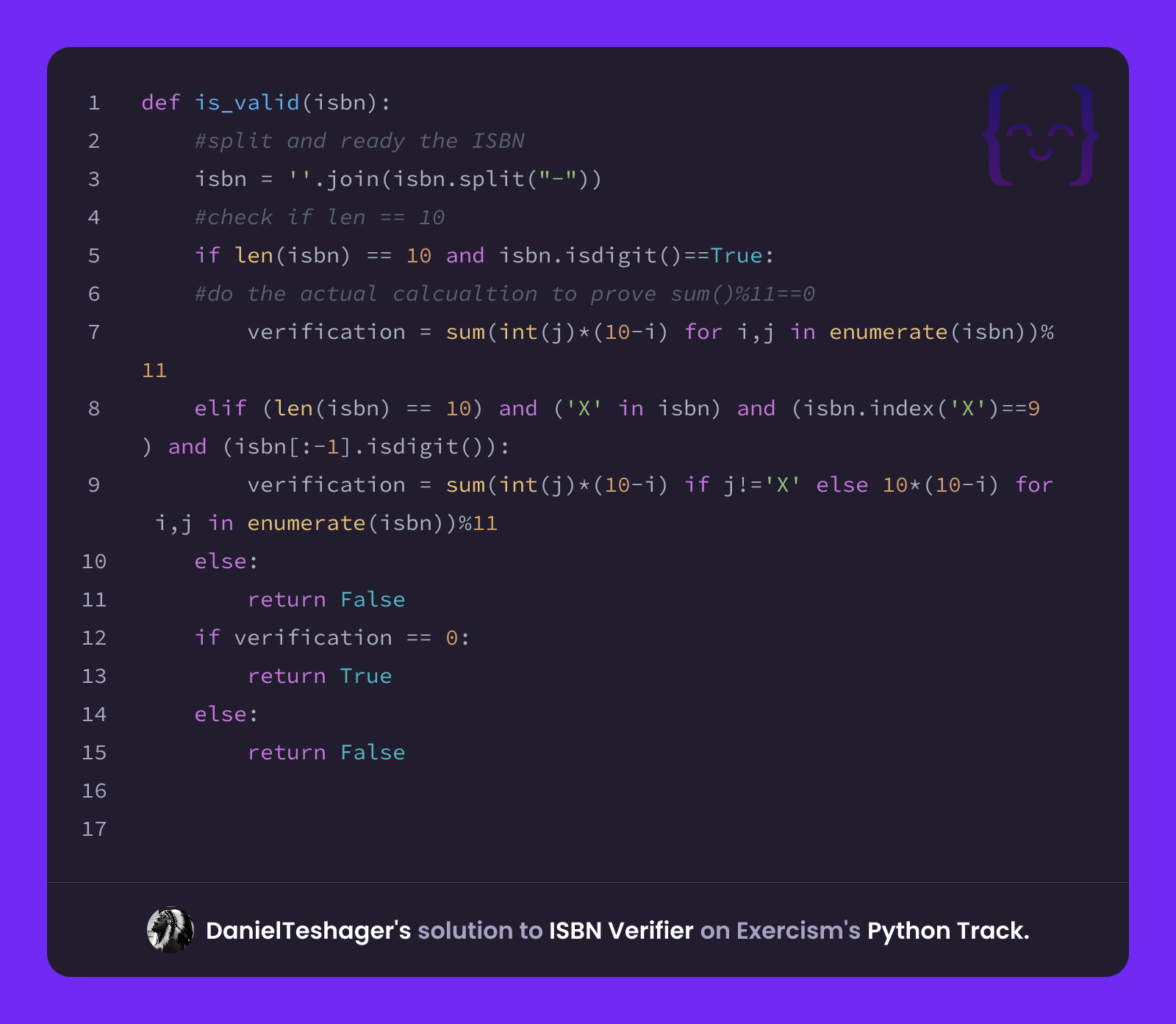 Verifier Rkd DanielTeshager's solution for ISBN Verifier in Python on Exercism