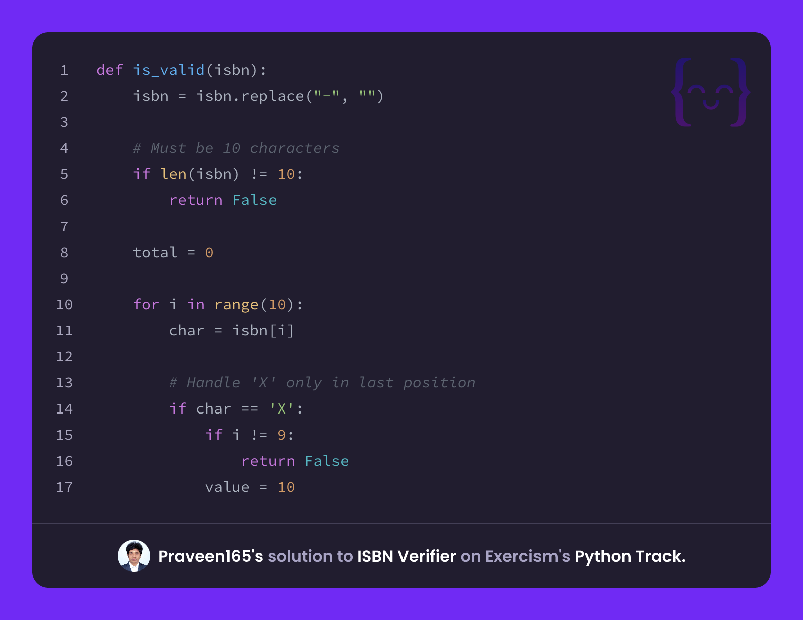 Praveen165's solution for ISBN Verifier in Python on Exercism