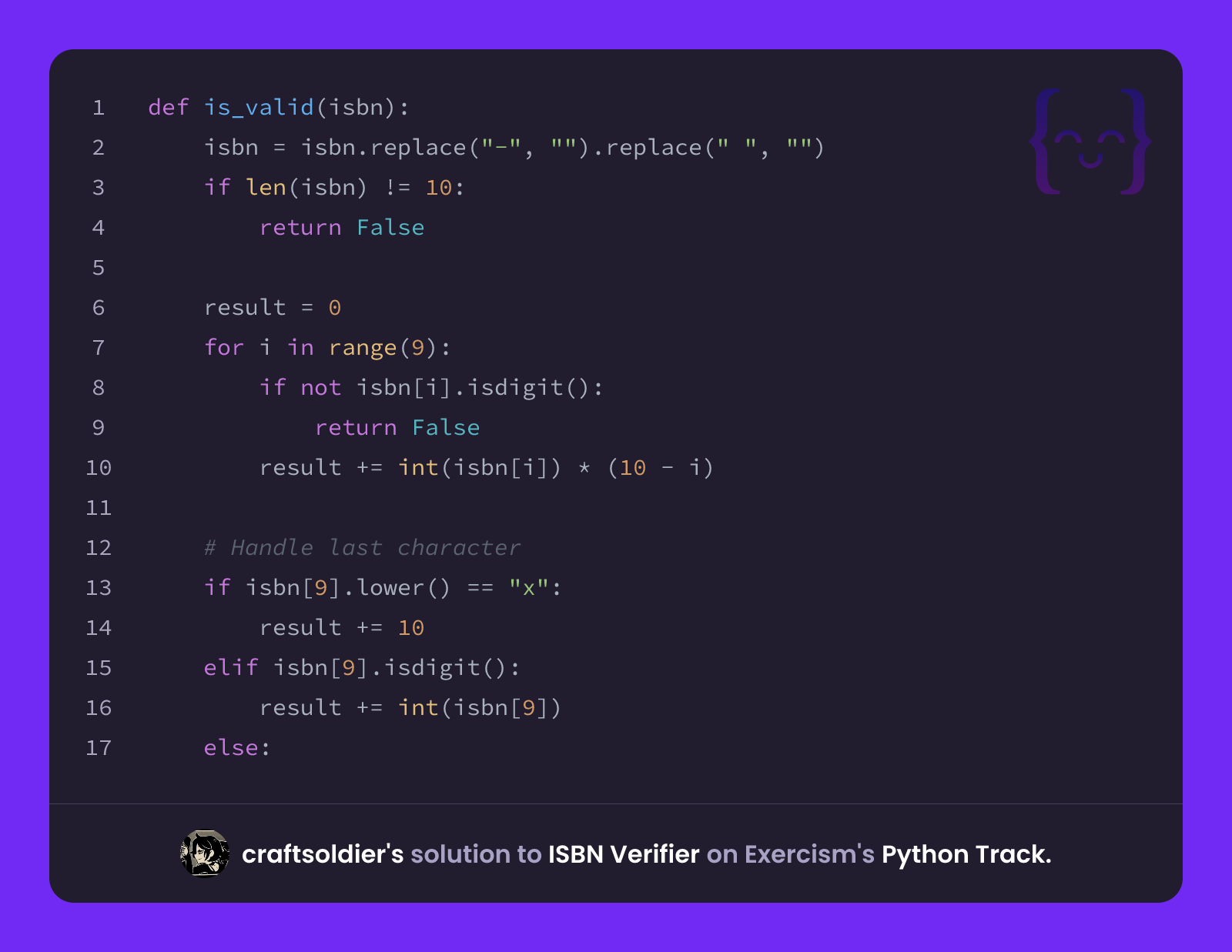 Python Soldier craftsoldier's solution for ISBN Verifier in Python on Exercism