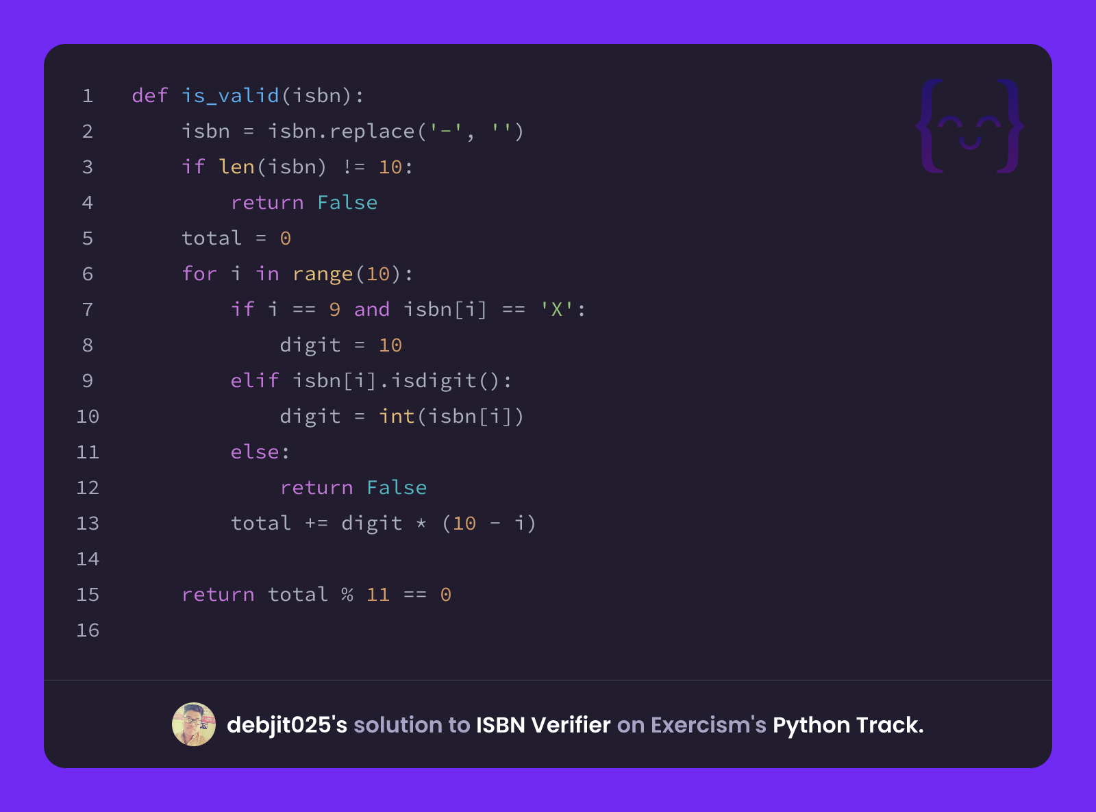 debjit025's solution for ISBN Verifier in Python on Exercism