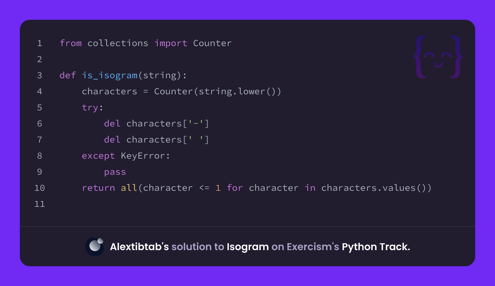 Alextibtab's solution for Isogram in Python on Exercism