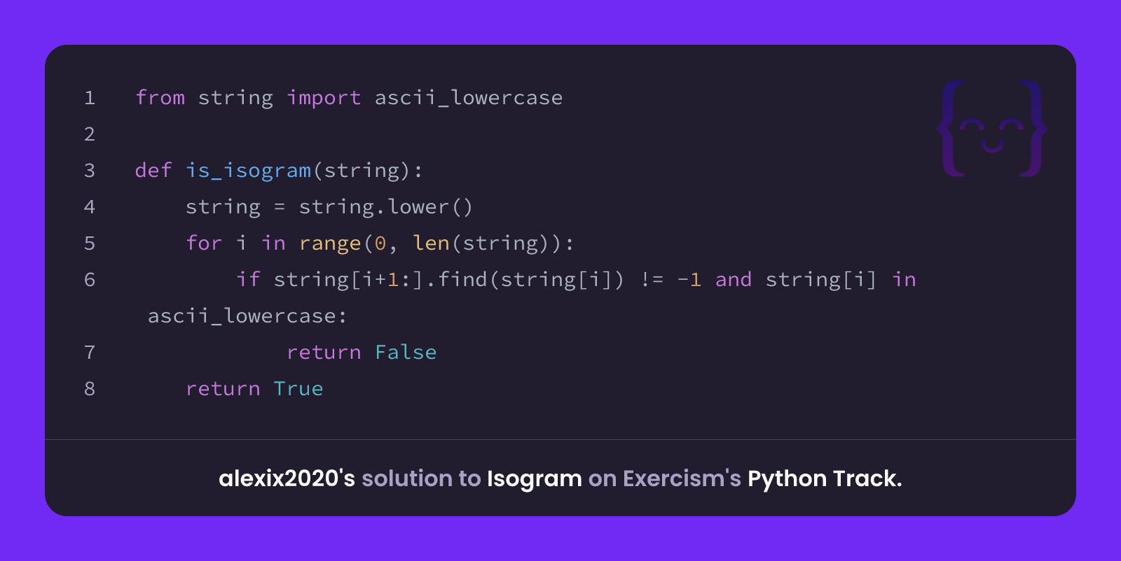 alexix2020's solution for Isogram in Python on Exercism