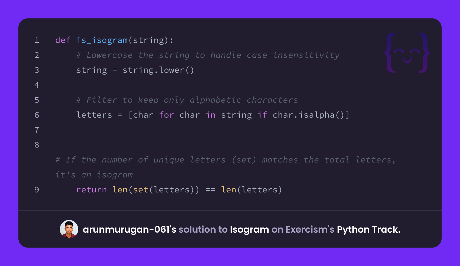 arunmurugan-061's solution for Isogram in Python on Exercism