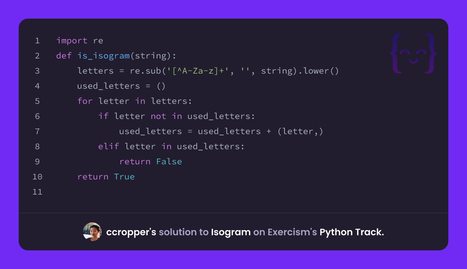 ccropper's solution for Isogram in Python on Exercism