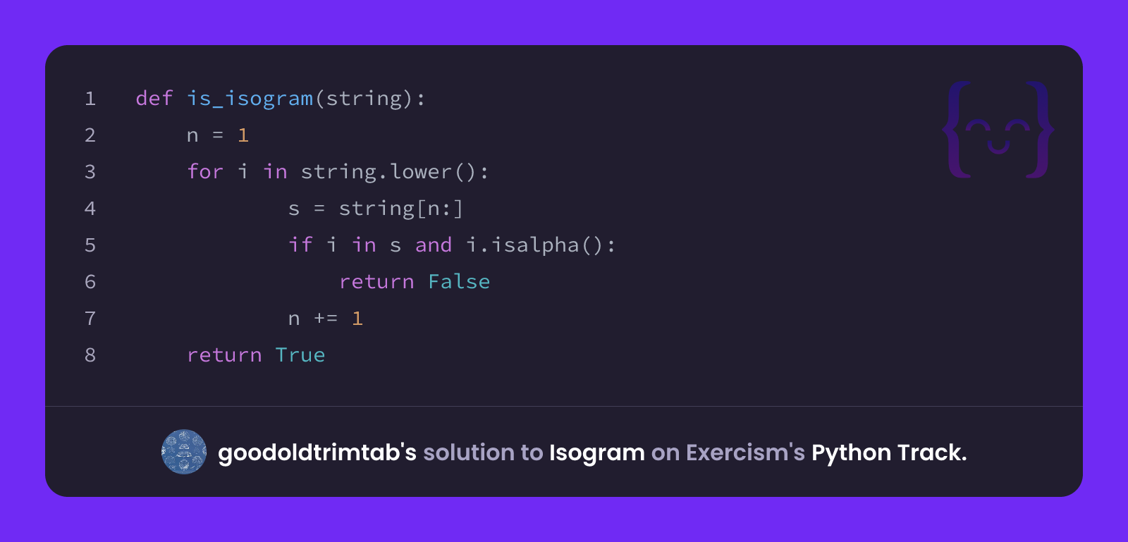 goodoldtrimtab's solution for Isogram in Python on Exercism