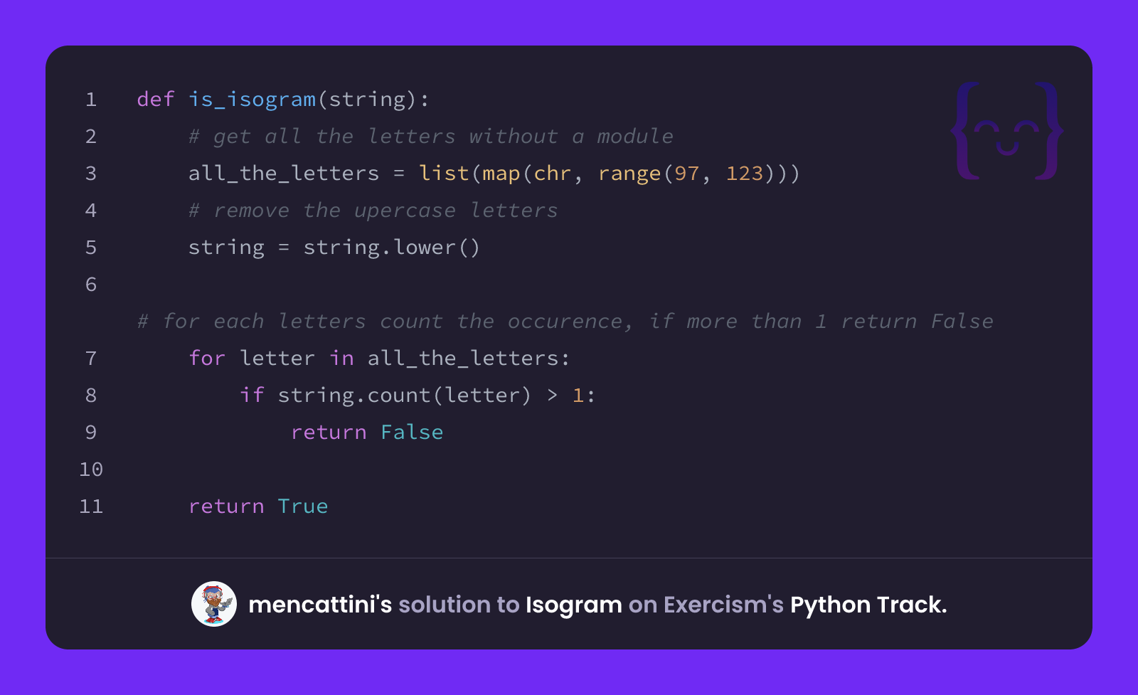 mencattini's solution for Isogram in Python on Exercism