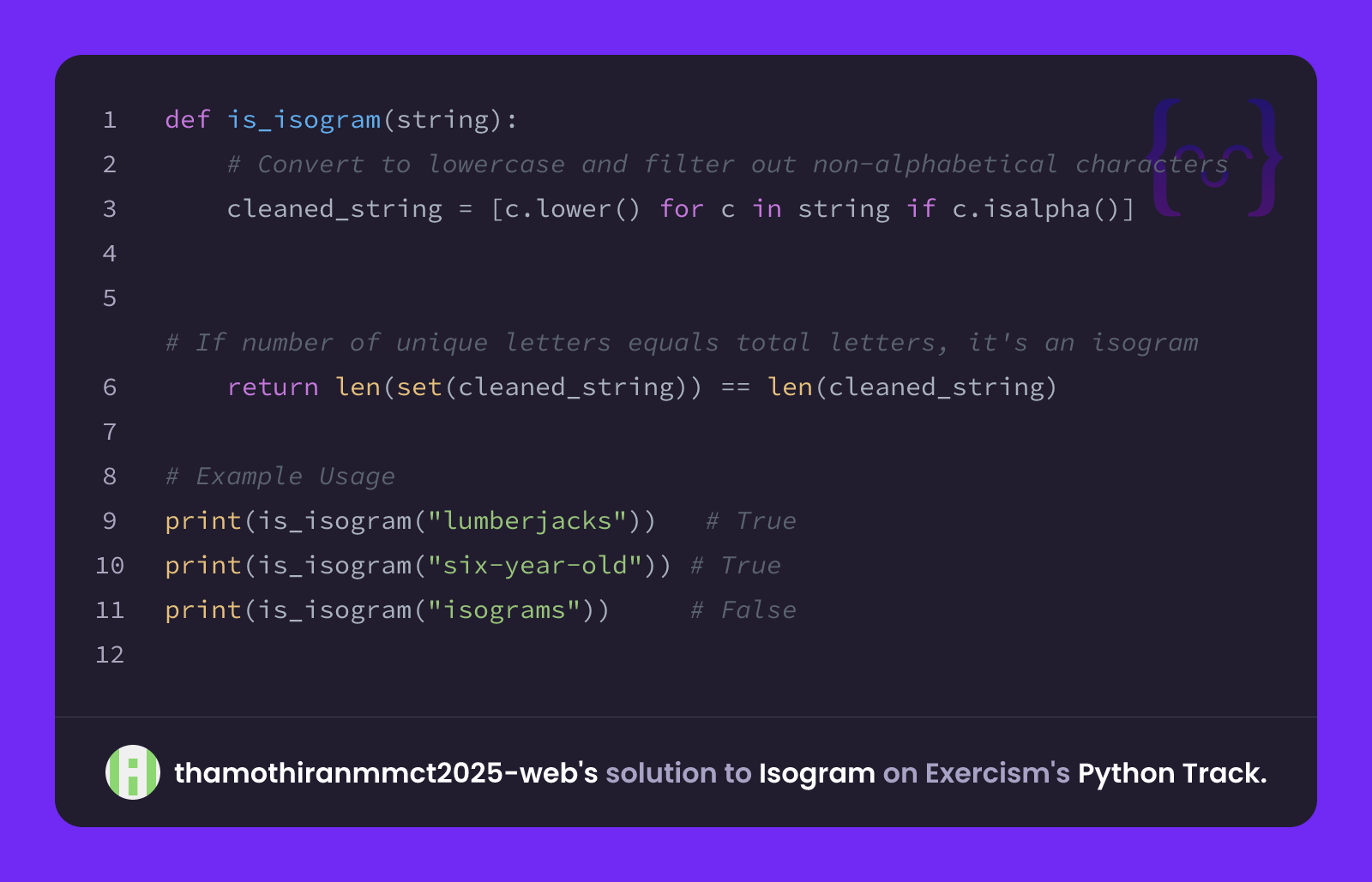 thamothiranmmct2025-web's solution for Isogram in Python on Exercism
