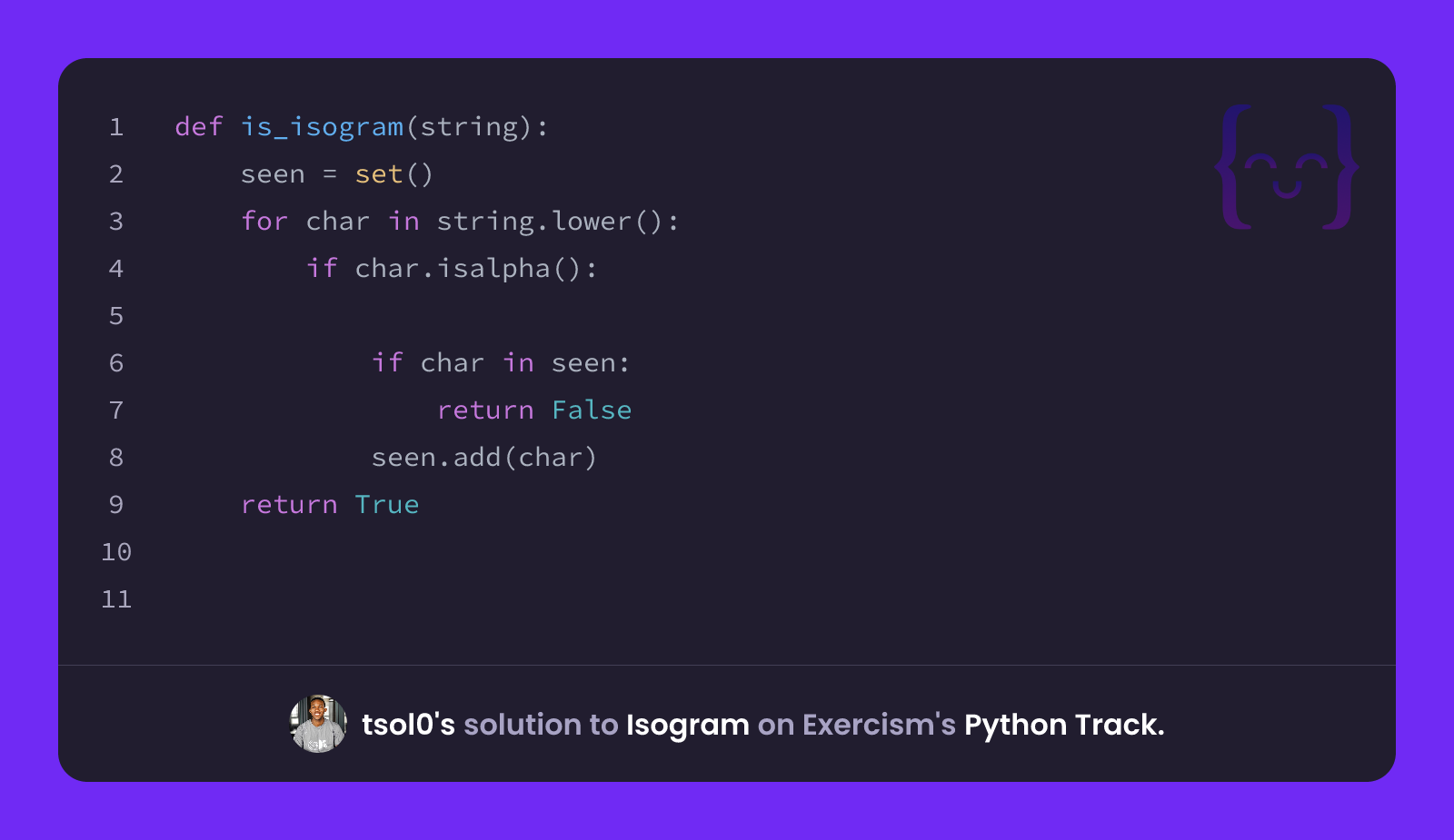tsol0's solution for Isogram in Python on Exercism