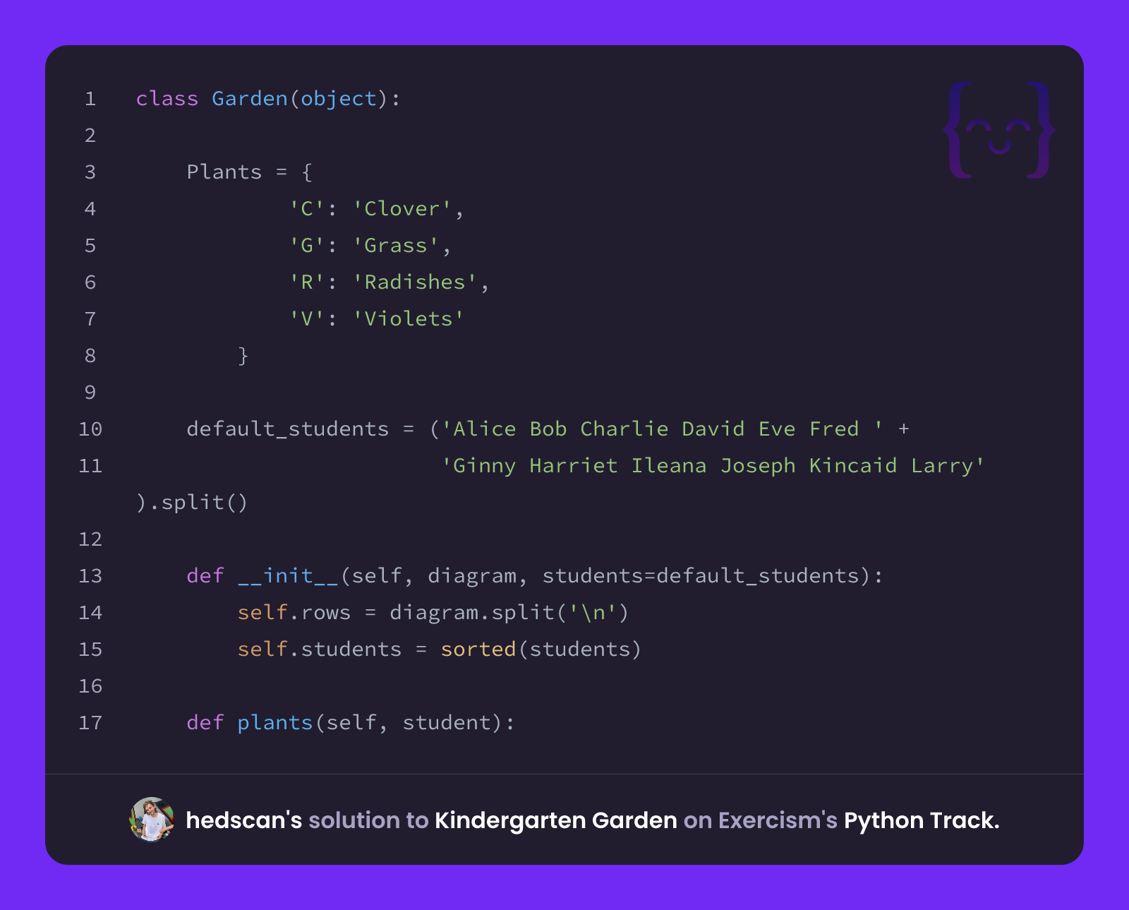 hedscan's solution for Kindergarten Garden in Python on Exercism